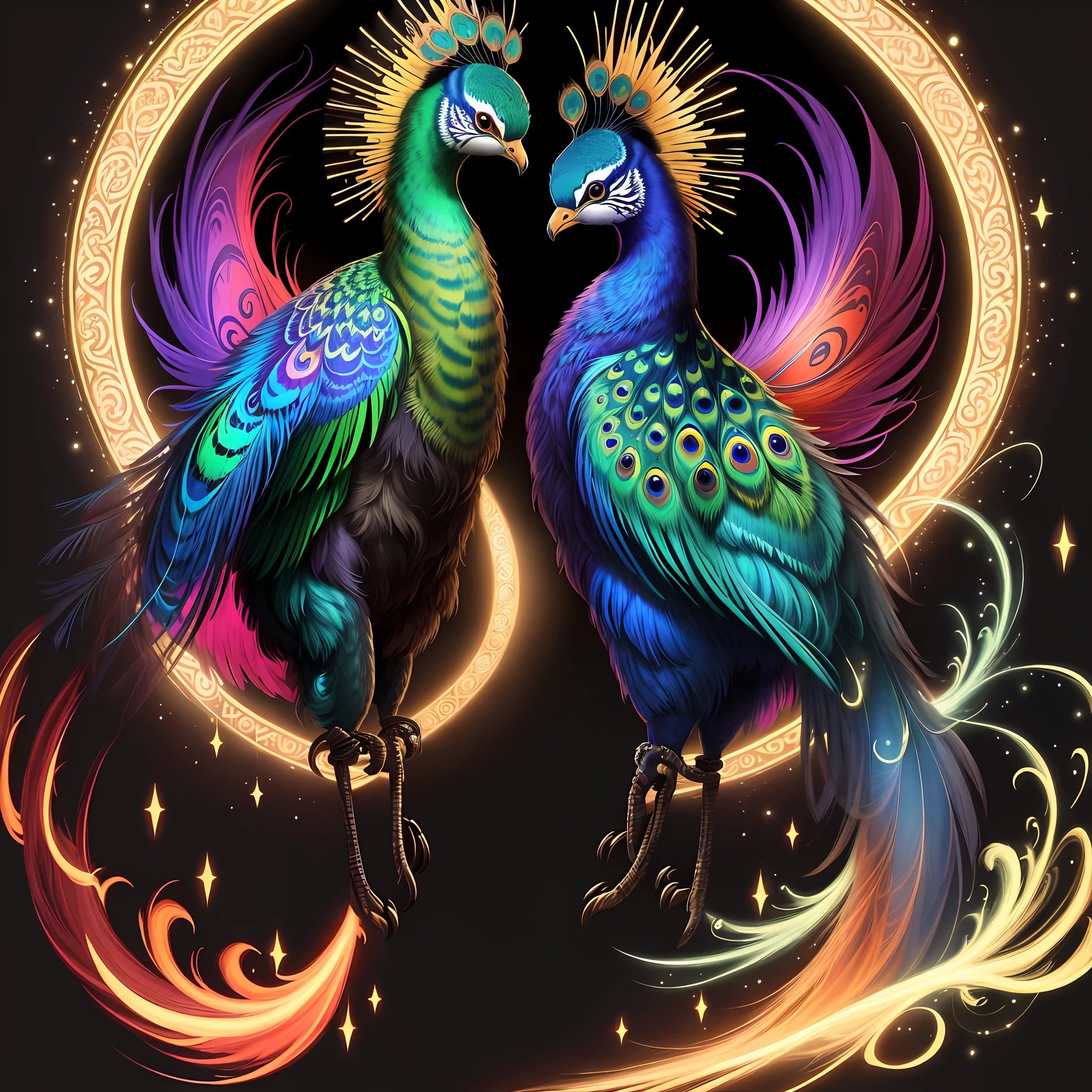 a painting of a couple of colorful peacocks on a black background,, breathtaking rendering, within a radiant connection, inspired by Kinuko Y. Craft,, magical elements, kitten icon, wow, is gorgeous, casting a multi colorful spell, bright flash, flash
