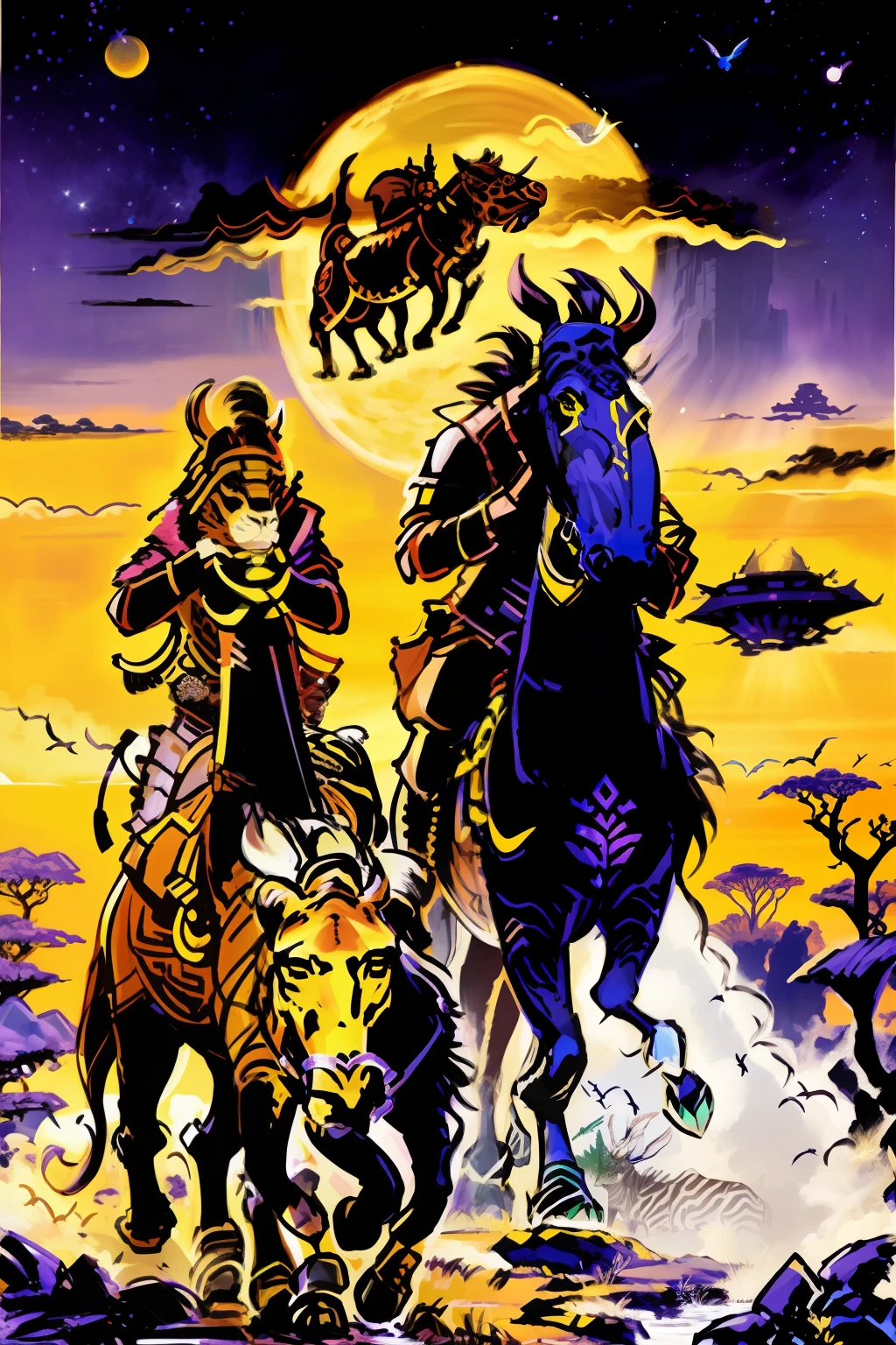 Title: "Mystical Wakandan Safari"

Description: Envision a breathtaking scene of a mystical safari set in an African landscape inspired by Wakanda. The image depicts a vast plain bathed in the golden light of the setting sun, with hills in the distance and lush vegetation all around.

At the center of the image, a distinctive Wakandan warrior emerges majestically. Adorned in tribal-inspired armor, wielding a gleaming spear, and draped in a leopard-skin mantle billowing in the wind, the warrior commands attention and exudes an aura of power.

Surrounding the warrior, a variety of wild animals traverse the plain. A graceful zebra, with its distinct stripes, elegantly walks alongside a majestic rhinoceros, projecting its imposing presence. Nearby, a regal lion rests, its magnificent mane flowing and its gaze fierce.

Beyond these animals, the landscape teems with a rich diversity of African wildlife. Hippopotamuses swim in a meandering river, while giraffes stretch their necks to reach the leaves of towering trees. Gazelles leap through tall grass, and colorful birds flock through the orange-hued sky.

On the horizon, a futuristic city inspired by Wakanda rises, its technological skyscrapers and shimmering vibranium testifying to the harmonious coexistence of ancestral tradition and modernity. The city stands as a testament to the blending of natural beauty and technological advancement.

This image is a celebration of the cultural richness and untamed beauty of Africa, combined with the inspiration of Wakanda, creating a captivating and unique setting that transports us to a world of magic and wonder.