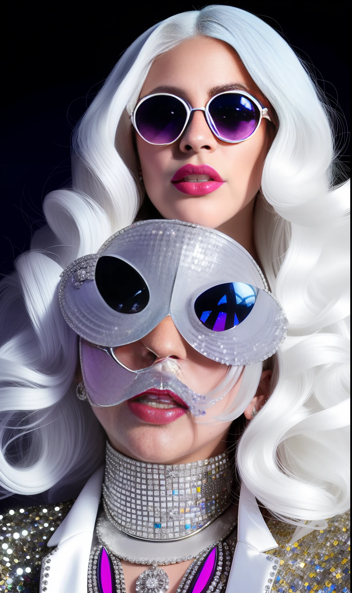 Photo of lady gaga with white suit full of diamonds, unique glasses, 4K texture, long hair, high quality, extravagant hairstyle, original album cover, colorful dress with diamonds, 8k image, futuristic, high image quality, at night, hair accessories, 8k image, realistic face in high quality, full body, different poses