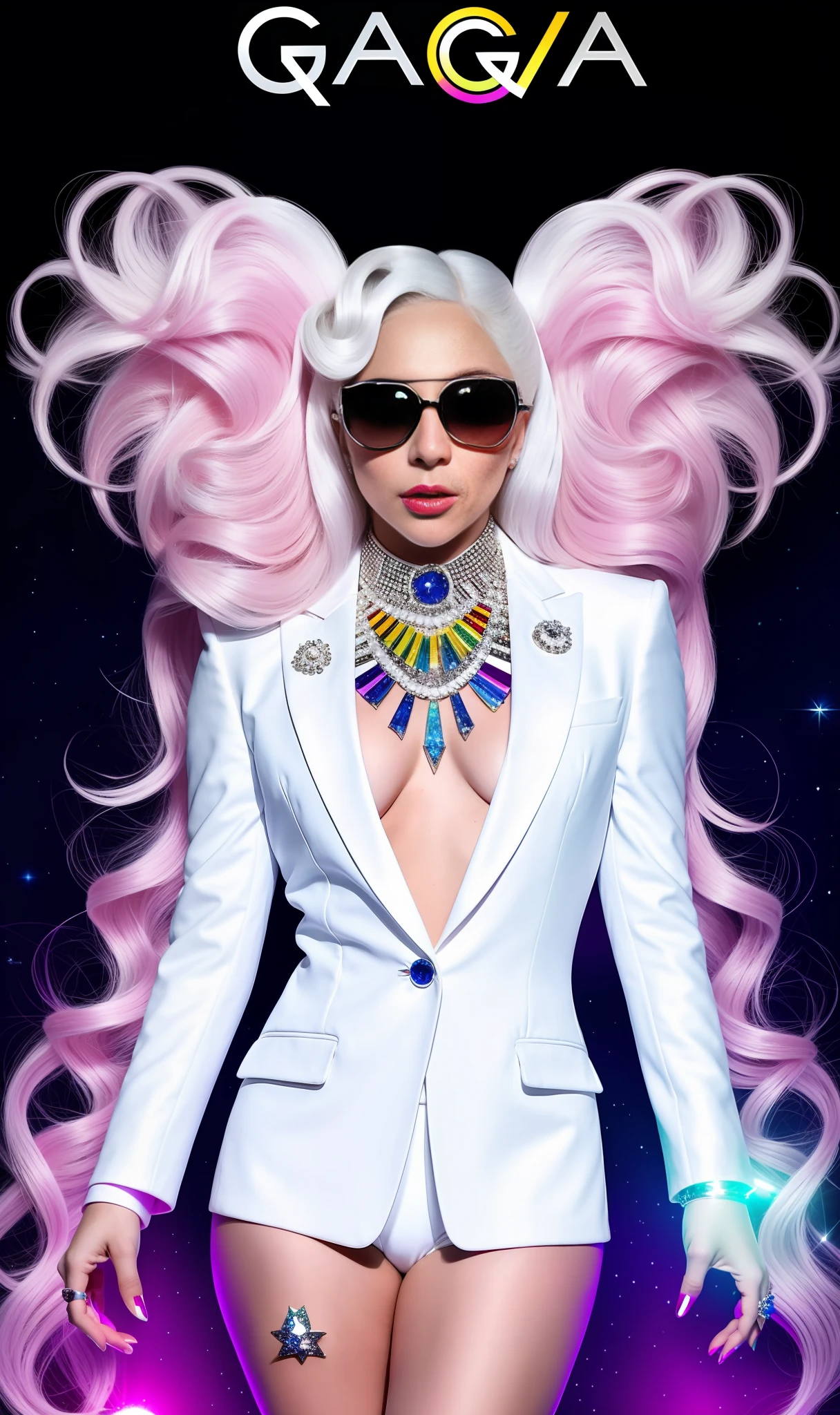 Photo of lady gaga wearing white suit full of diamonds and gay flag, unique glasses, 4K texture, long hair, high quality, extravagant hairstyle, original album cover, colorful dress with diamonds, 8k image, futuristic, high image quality, at night, hair accessories, 8k image, realistic face in high quality, full body,  Different poses