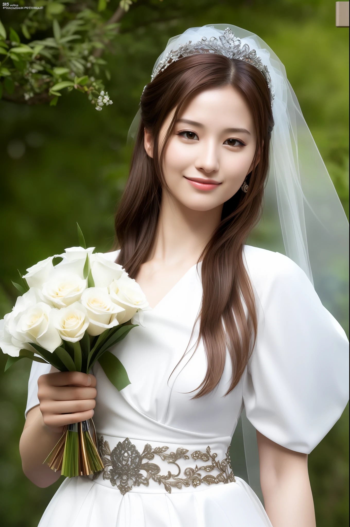 Sullyoon,(close-up photo:1.2),(pov:1.1),korean, woman, complex 3d render ultra detailed, portrait of beautiful woman, smile, moody portrait, striking features, beauty, intricate details, dramatic composition, tension, contrast, texture, realism, high-quality rendering, stunning art, high quality, film grain, Fujifilm XT3,swirly bokeh,(realistic, photo-realistic:1.4),RAW photo,physically-based rendering,(looking at viewer:1.4),(8k, best quality, masterpiece:1.2),(full body shot:1.1),octane render,extremely detailed CG, unity 8k wallpaper,(studio soft light, rim light,in forest,sunlight:1.2),standing,(a girl is wearing wedding dress:1.5),hyper realistic detail shiny skin,ultra detailed,(ultra realistic:1.5),(intricate:1.2),(photorealistic:1.4),1girl,(skinny:1.3),detailed background