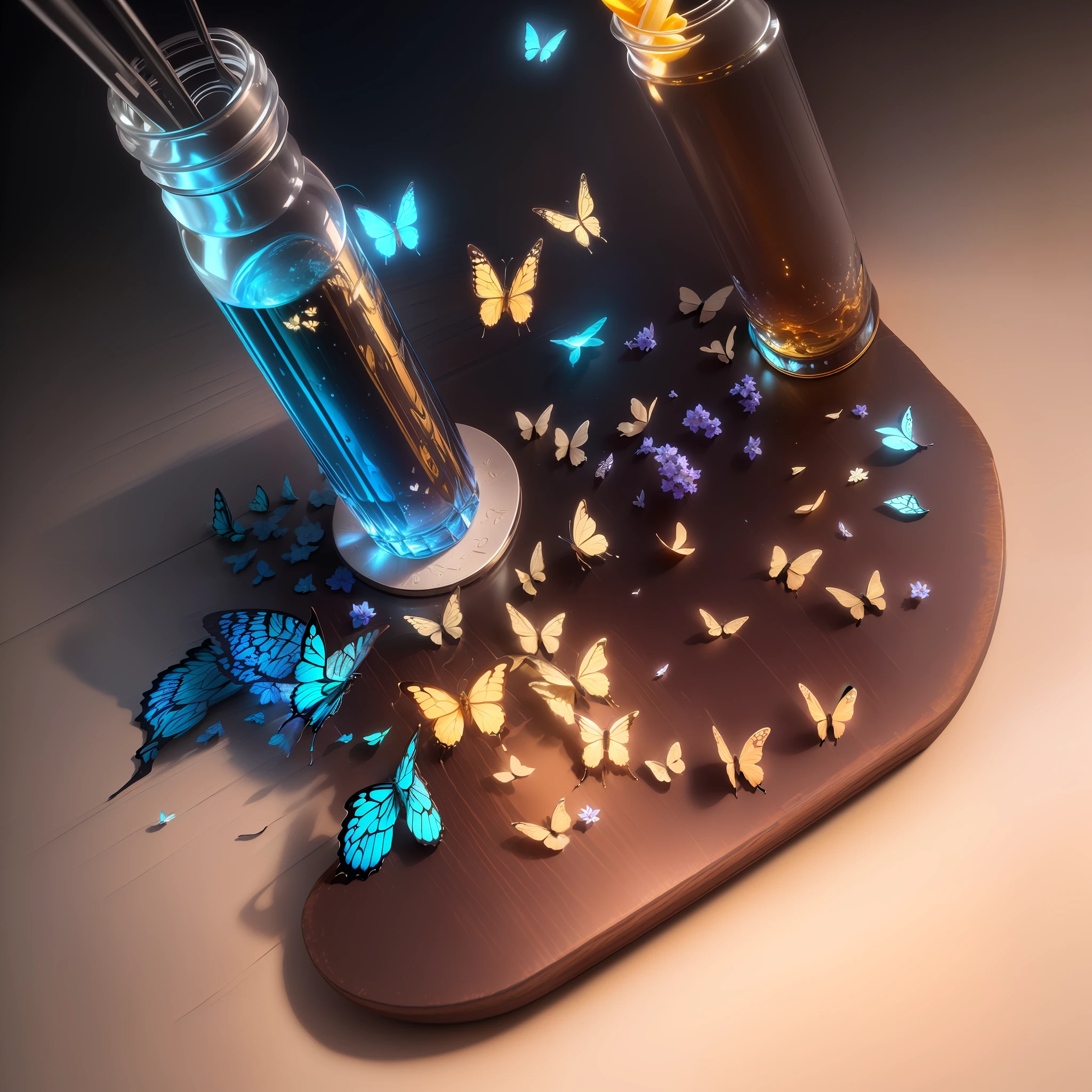 Masterpiece, best quality, (very detailed CG unity 8k wallpaper), (best quality), (best illustration), (best shadow), flock of butterflies flying above a Coke bottle, isometric 3D, octane rendering, ray tracing, very detailed