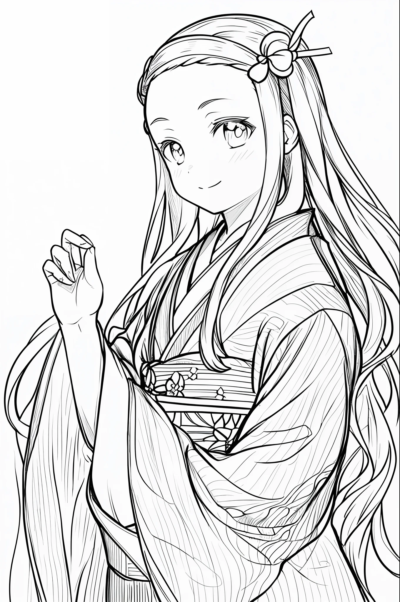 masterpiece, best quality, 1girl, solo, Nezuko Kamado,kimono, simple background, white background, monochrome, lineart, ((sketch))