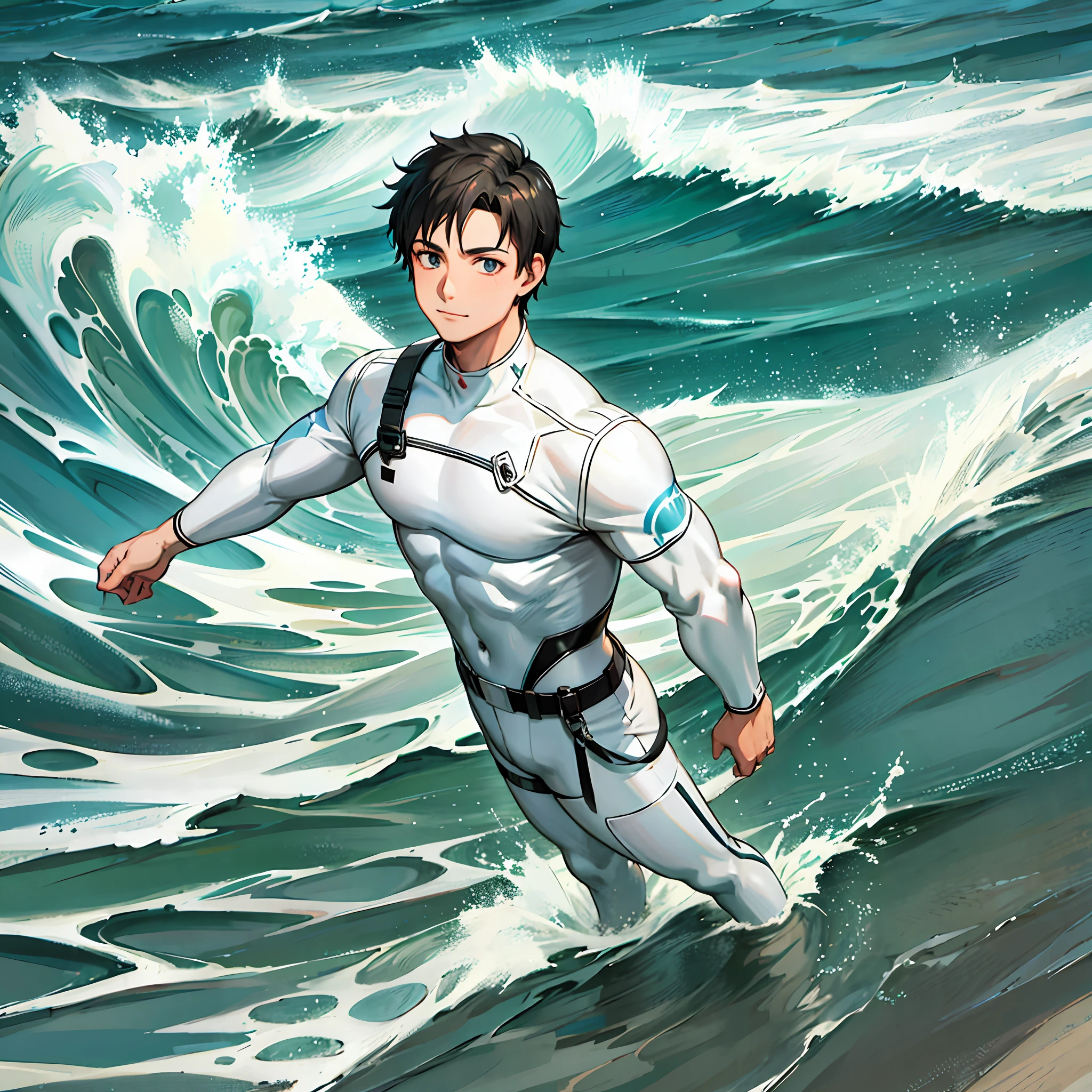 anime style picture of a man in a wet suit surfing on a wave, inspired by Adam Dario Keel, fan art, commission for high res, official art, full color digital illustration, official character illustration, danny phantom, splashcreen character art, matt white color armor, hero, official fanart, textless, full color illustration, highly detailed exquisite fanart