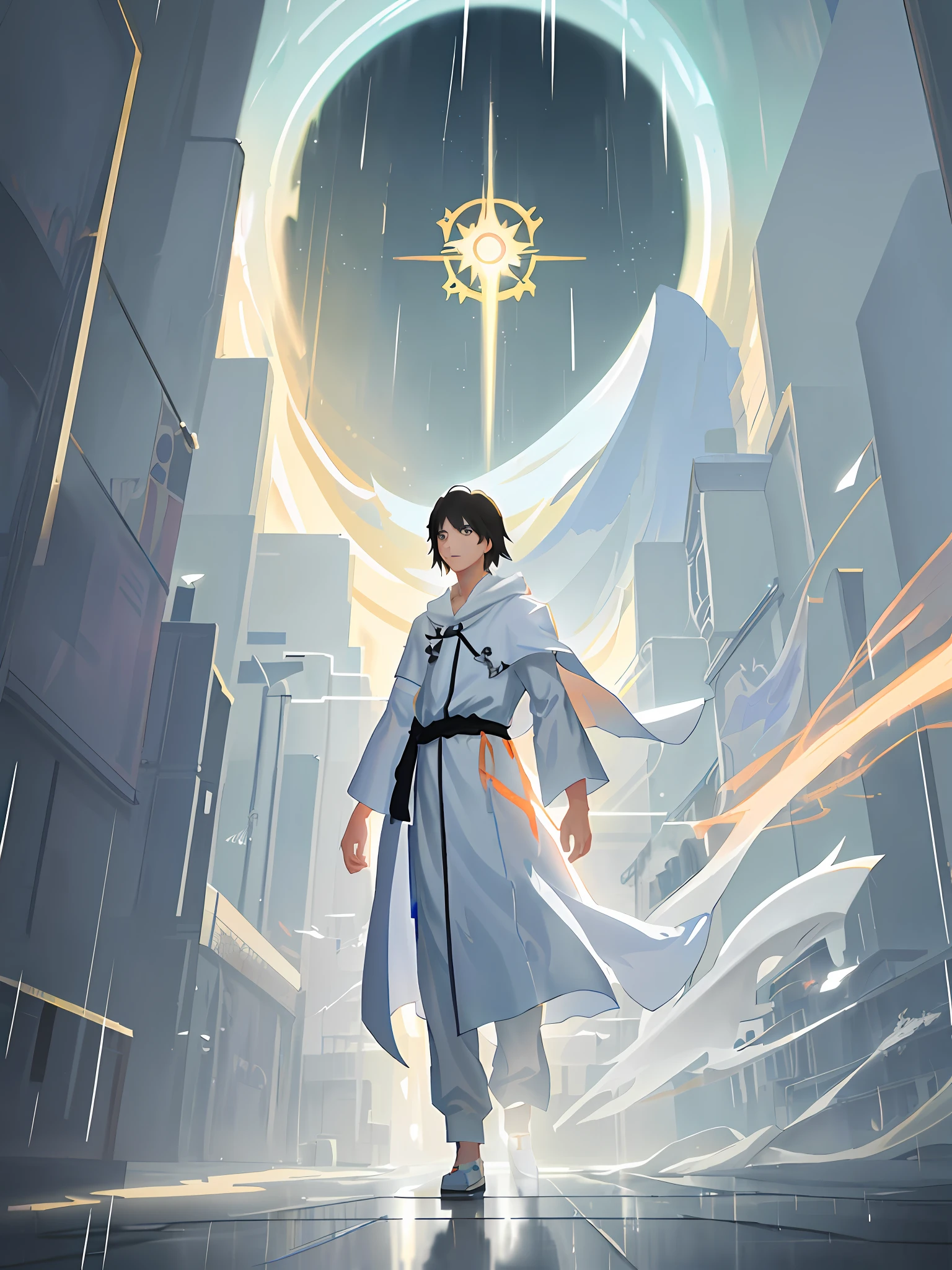 Painting a man in a white robe walking in the rain, flowing white robe, Makoto Shinkai Cyril Rolando, Makoto Shinkai. Digital rendering, Rob Rey and Kennaro Miura style, Sun-Hyuk Kim, inspired by RHADS, concept art | rad, long white cloak, Guvez style artwork
