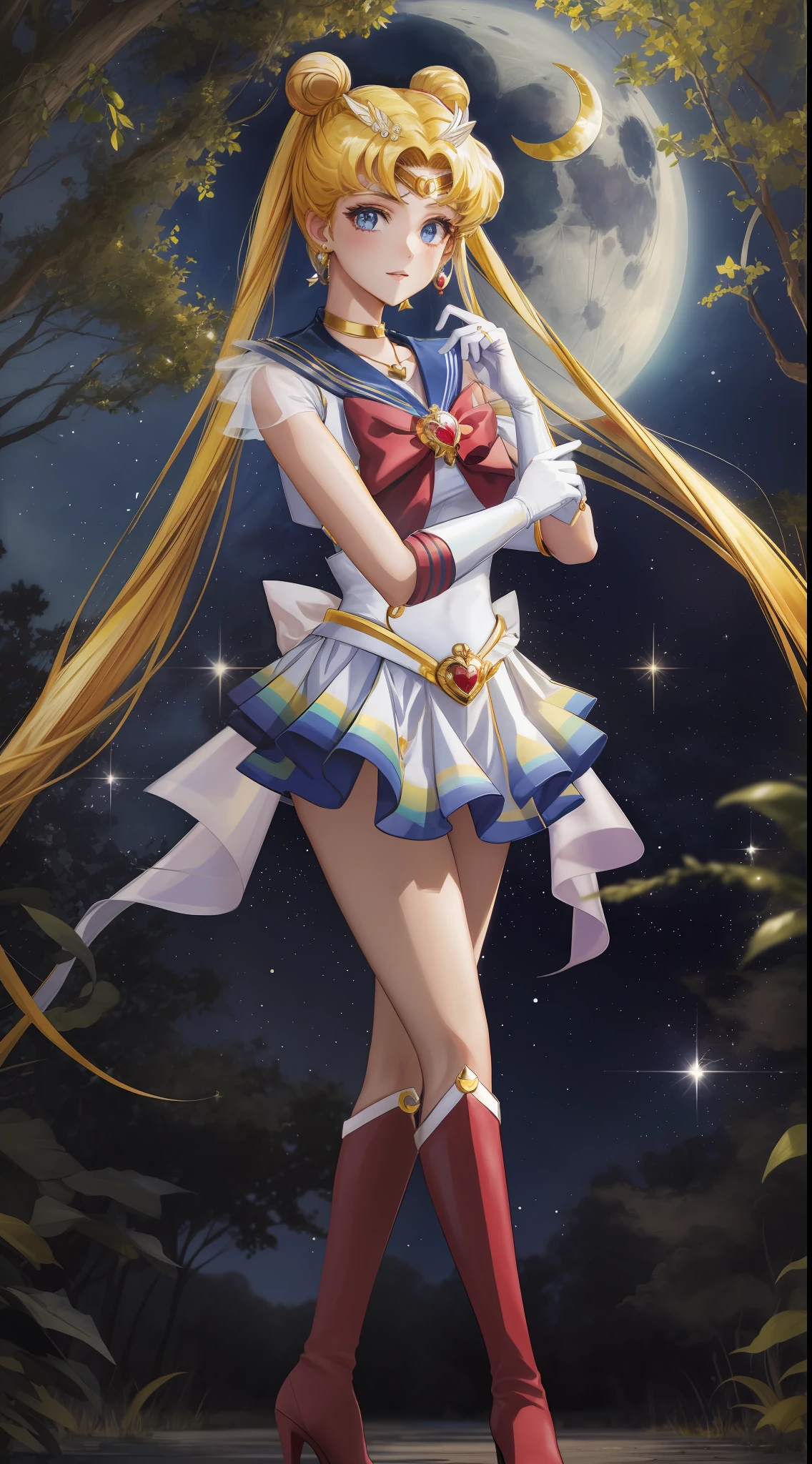 masterpiece, best quality, (1 girl), super sailor moon, denim lens, outdoor, night, moonlight, evening, starry sky, clean sky, white gloves, blue eyes, colorful clothes, sailor chiseki uniform, multicolored skirt, hair ornament, red bow, brooches, heart brooch, earrings, crescent, heart necklace, heart, very long hair, crescent earrings, tiara, yellow necklace, boots, knee boots, red shoes, pose, stand,
