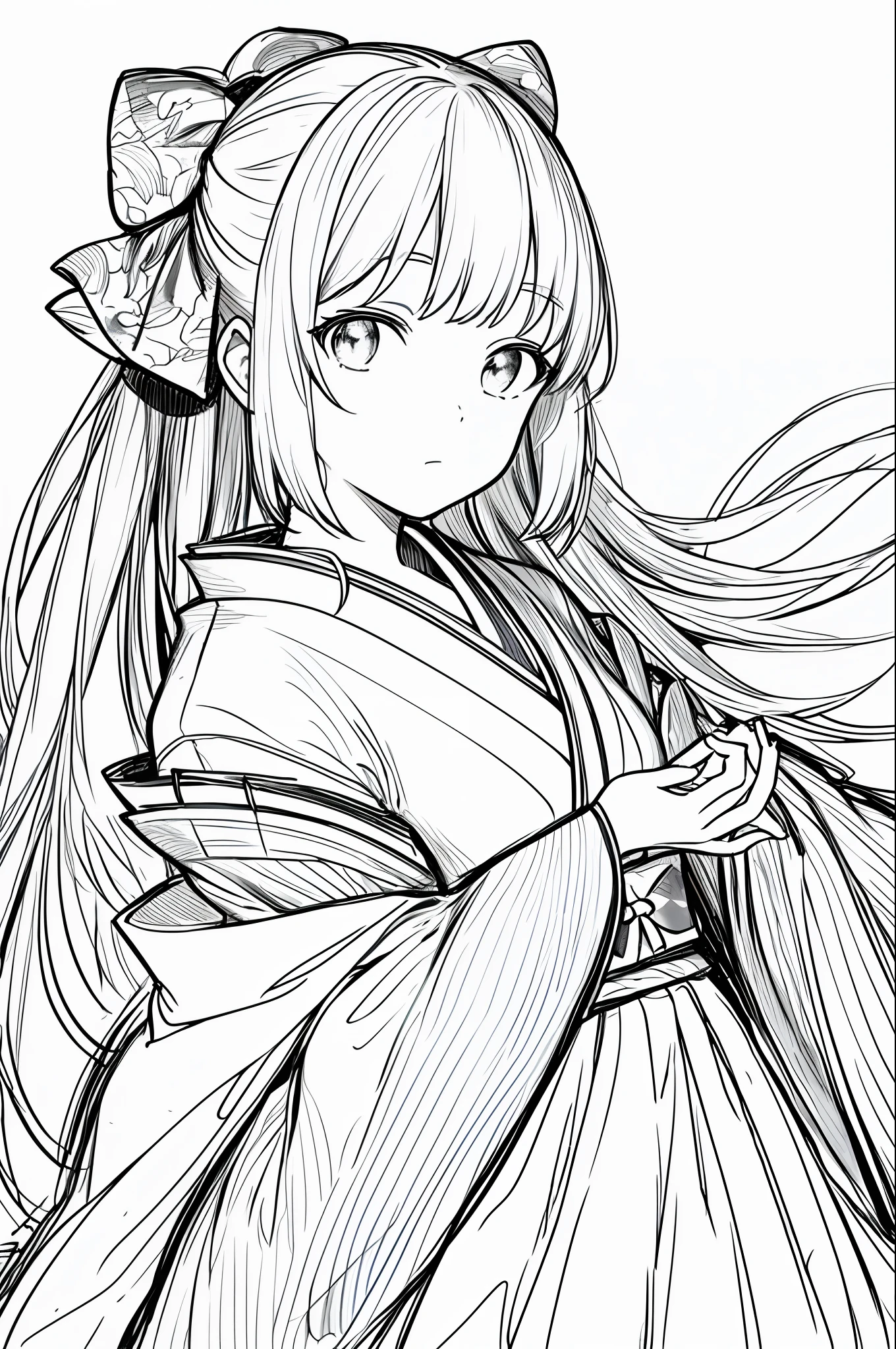 masterpiece, best quality, 1girl, solo, japanese clothes, bow-shaped hair, simple background, white background, monochrome, lineart, ((sketch))