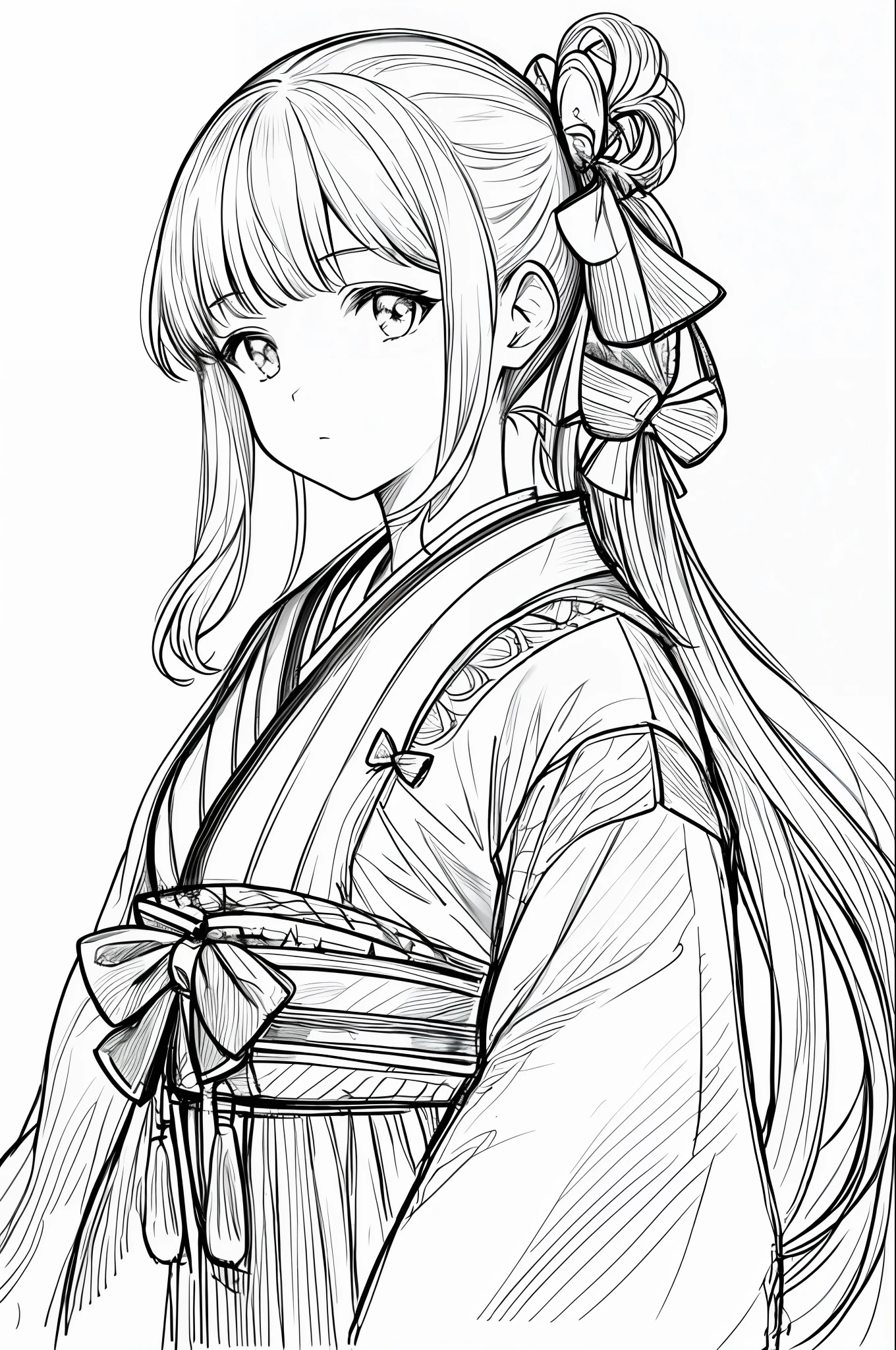 masterpiece, best quality, 1girl, solo, japanese clothes, bow-shaped hair, simple background, white background, monochrome, lineart, ((sketch))