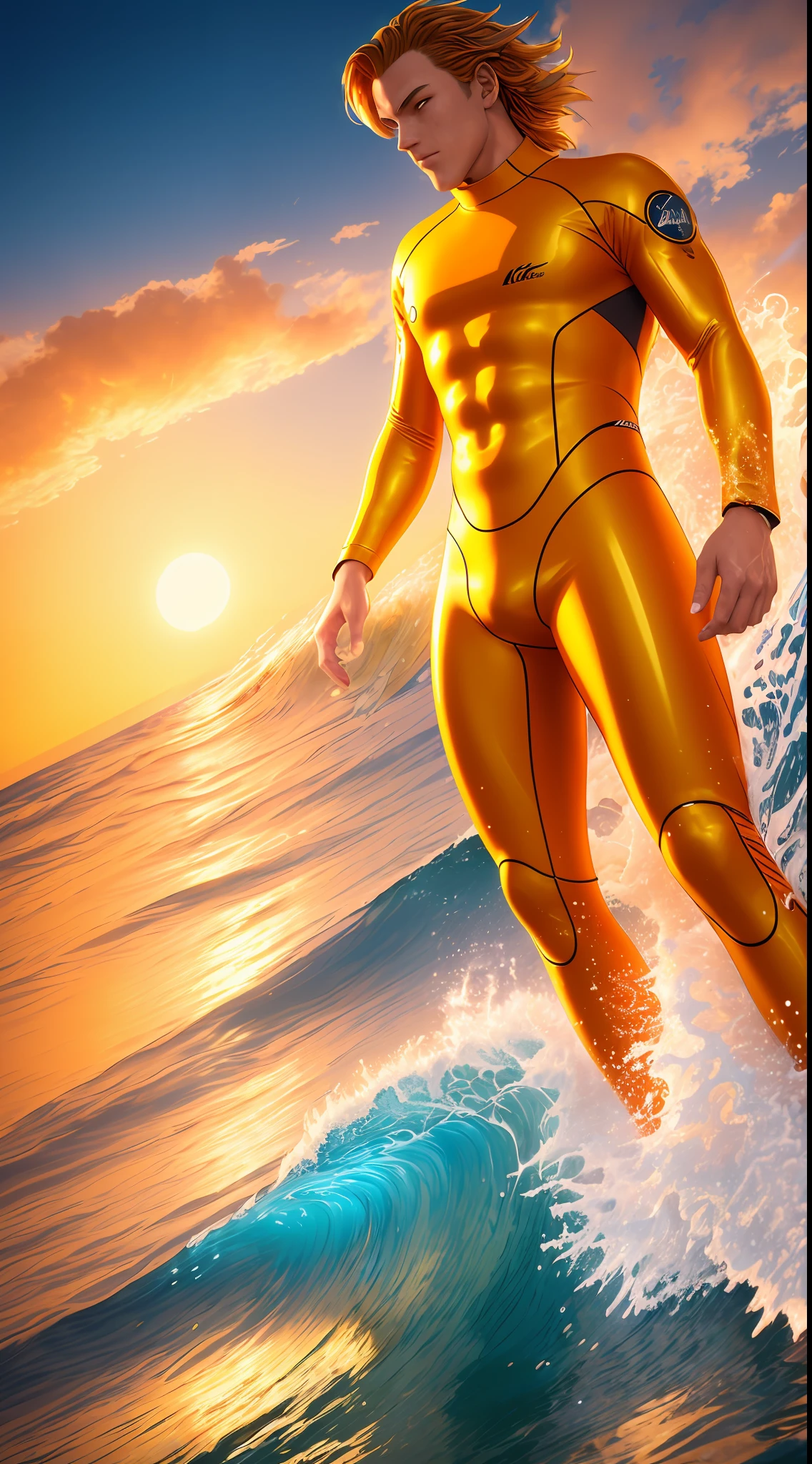 Masterpiece, best quality, (8k very detailed CG unit wallpaper) (best quality), (best illustration), (best shadow) golden waves, bright orange AOL sunset through the waves, golden drops flying, (: 1.6), anime characters in white wetsuits surfing in the ocean with surfboards, male focus, crotch bulge, crotch bulge, surfboard, waves, splashes, briefs