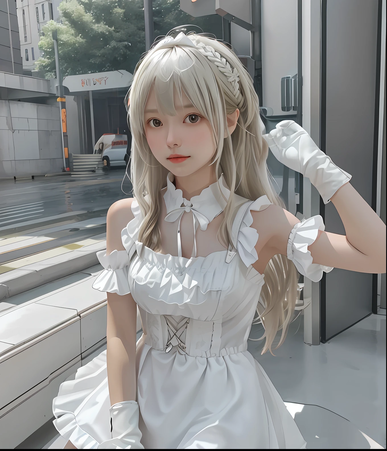 Super high quality, super high detail, HDR high dynamics, Chobits computer girlfriend, Chii, bangs, bare shoulders, sheets, black collar, breasts, brown eyes, knotted hair clips, dress, ruffled gloves, white hair, hands up, long white blonde hair, ribbon collar, robot ears, sleeveless, leisurely stroll in white dress. (The soundtrack uses solo, suspender slip, clouds, heaven, angels in the background), NSFW