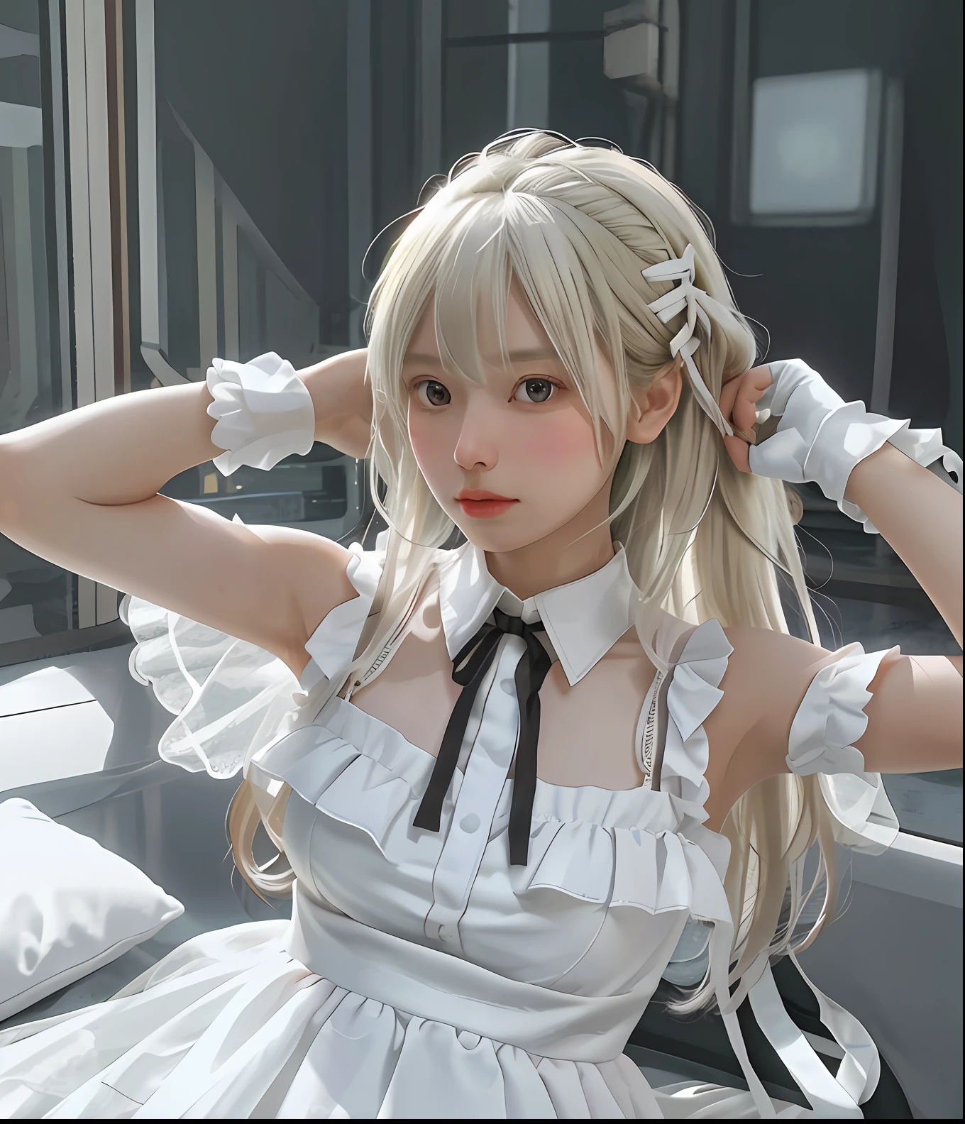 Super high quality, super high detail, HDR high dynamics, Chobits computer girlfriend, Chii, bangs, bare shoulders, sheets, black collar, breasts, brown eyes, knotted hair clips, dress, ruffled gloves, white hair, hands up, long white blonde hair, ribbon collar, robot ears, sleeveless, leisurely stroll in white dress. (The soundtrack uses solo, suspender slip, clouds, heaven, angels in the background), NSFW