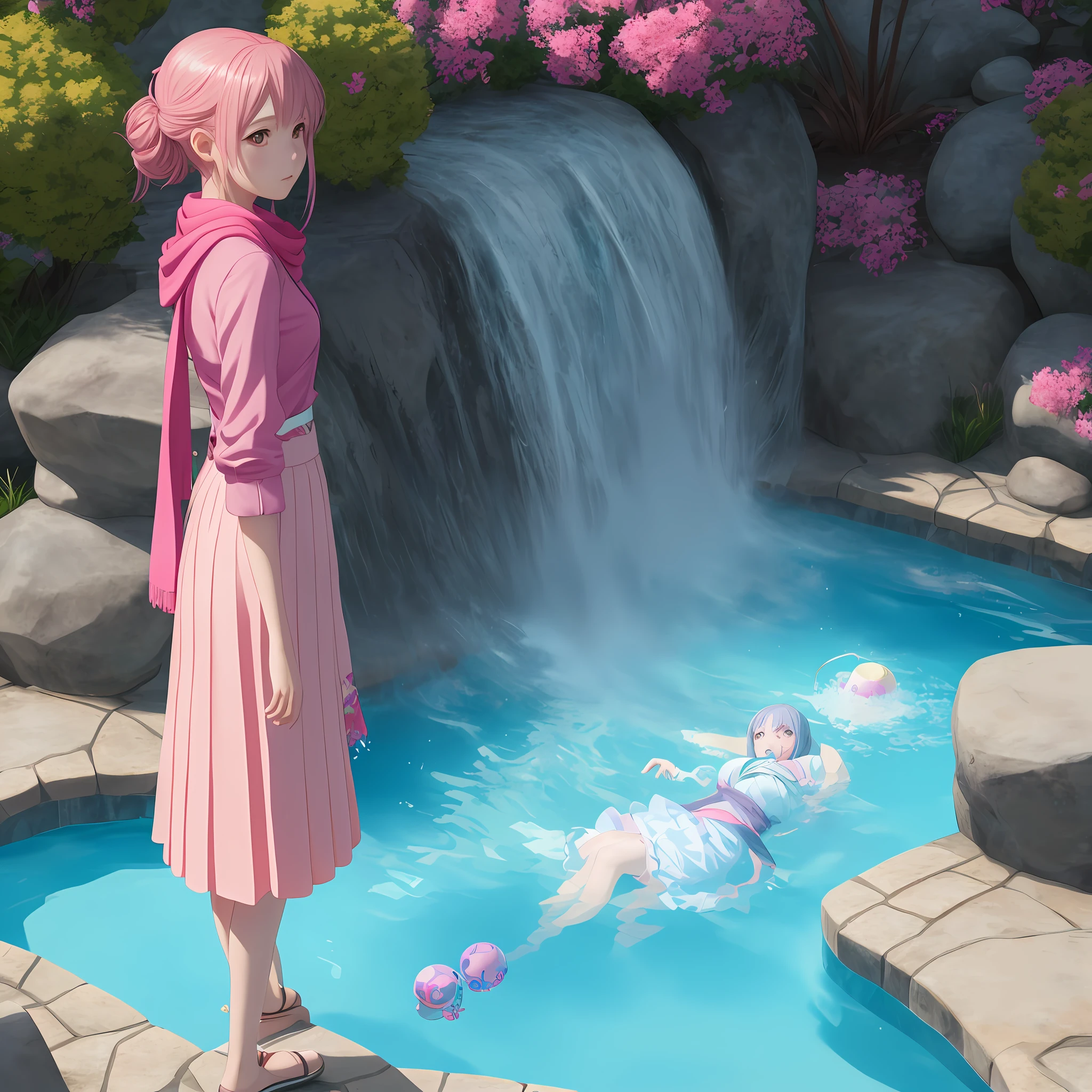 anime girl in a pink skirt and scarf standing in a pool, a character portrait inspired by senior character artist, pixiv contest winner, magical realism, artwork in the style of guweiz, 8k portrait render, photorealistic anime girl render, 8k high quality detailed art, 8k octae render photo, alchemist girl, render of april