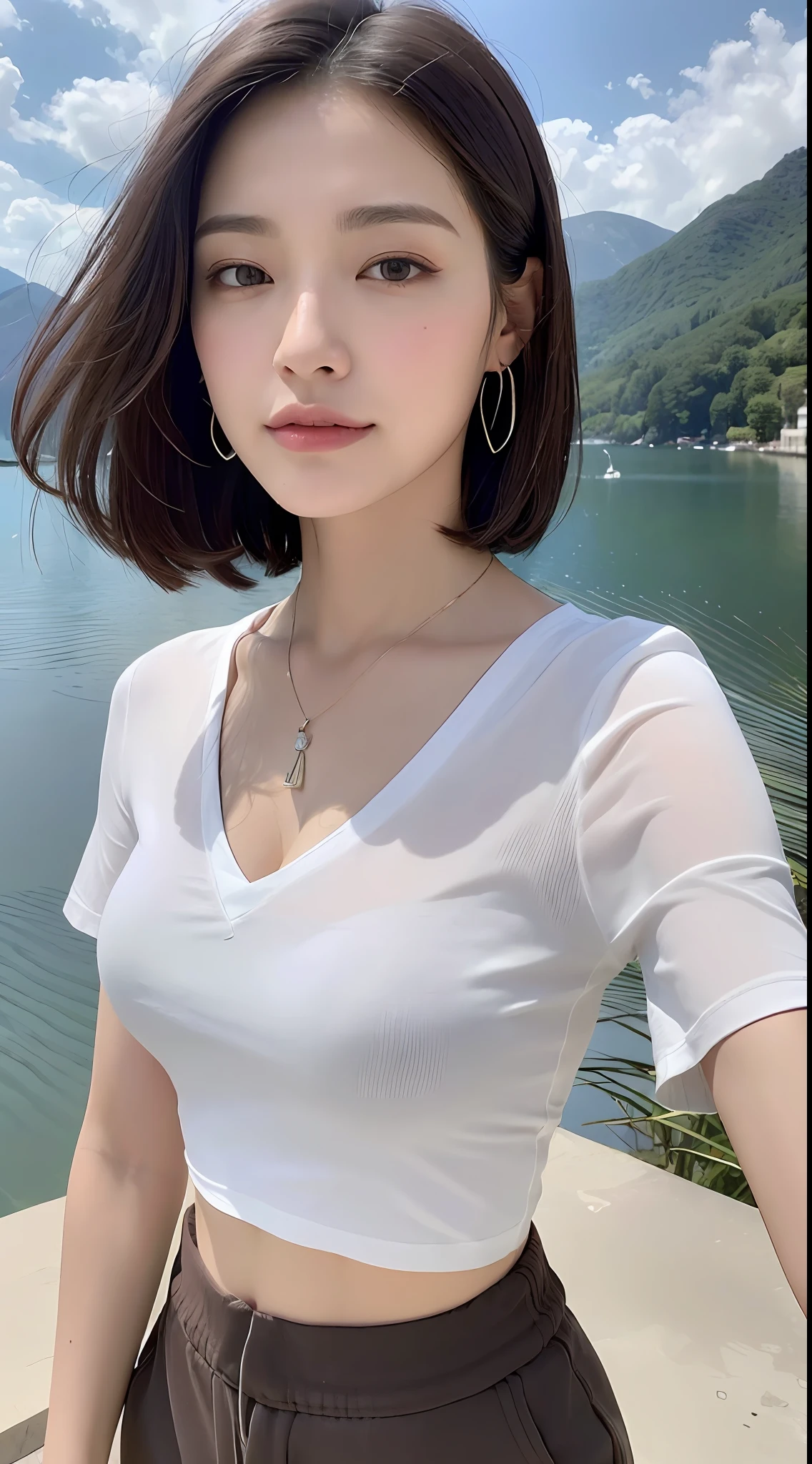 (Best quality, High resolution, Masterpiece :1.3), A pretty woman with perfect figure, Slender abs, , (Dark brown layered haircut), Wearing pendant and earrings, White thin fabric short sleeves t-shirt, Sweatpants, Outdoor, Great view, Lake and mountains in distant background, Smirk, Details exquisitely rendered in the face and skin texture, Detailed eyes, Double eyelid