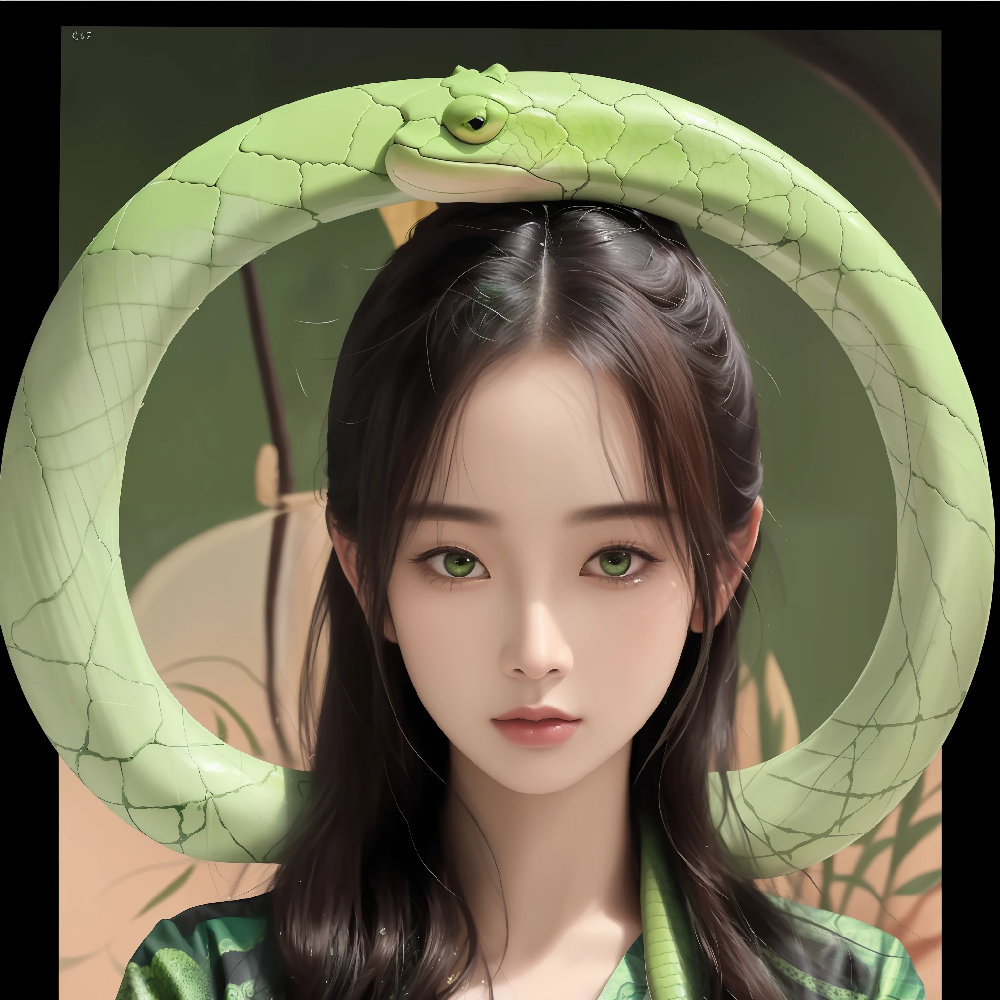 "Mysterious woman, Asian face, green snake wrapped around her, the details are beyond imagination, the picture quality is top-notch, and the close-up shows the details are delicate. The painting style changes the ancient environment, and the Cartesian style is appropriately added. The shape is detailed and beautiful, which comprehensively improves the quality of the picture. "