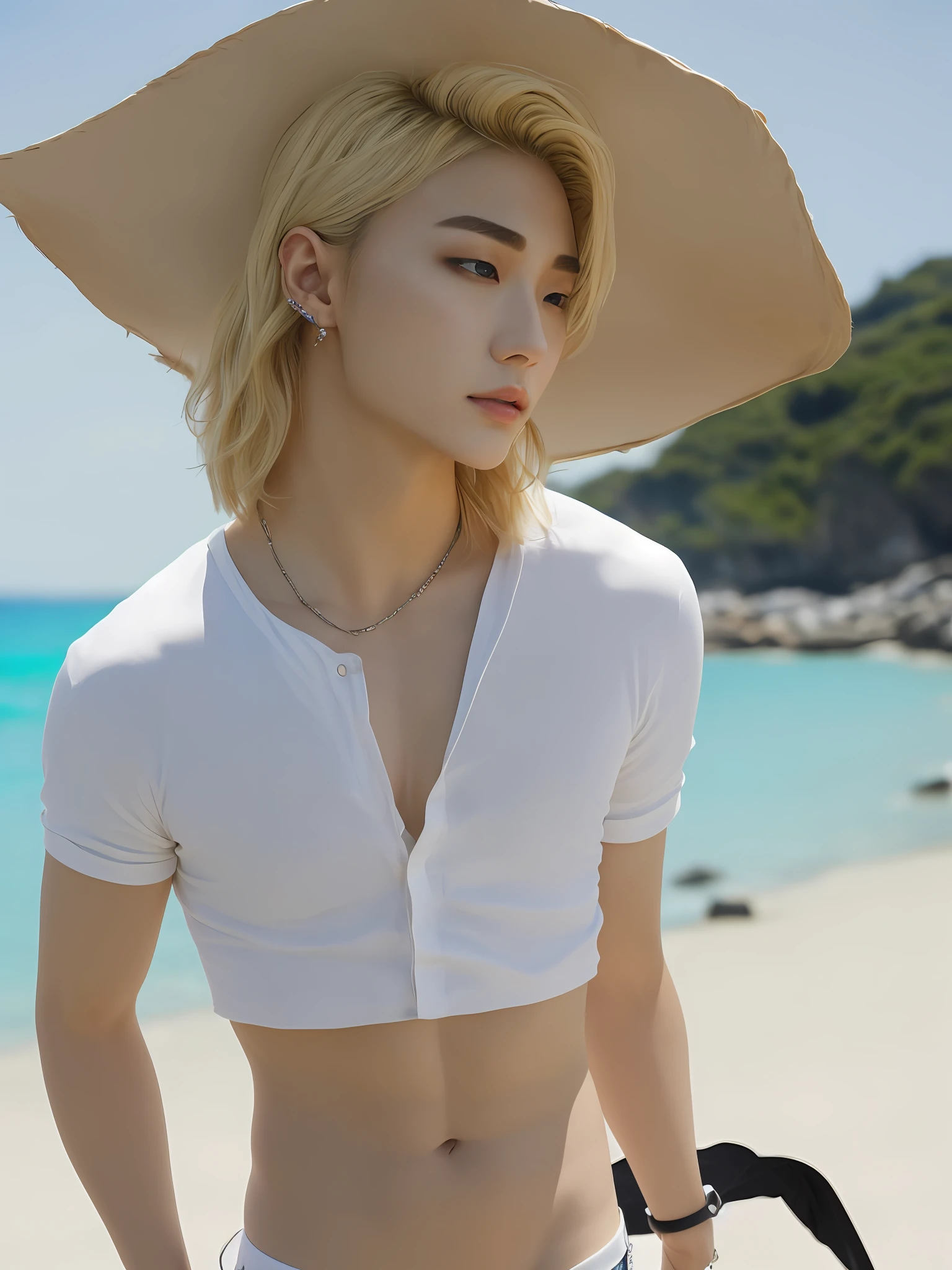 Hyunstayv2, frontal, shimmering, split lips, (blonde hair:1.2), (perfect abdomen:1.2), (ultra realistic:1.2), (beach background:1.2), (intricate:1.2), (looking at the viewer:1.2),