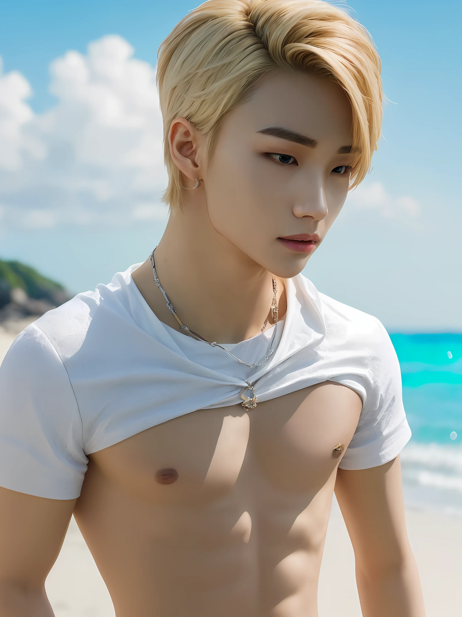 Hyunstayv2, frontal, shimmering, split lips, (blonde hair:1.2), (perfect abdomen:1.2), (ultra realistic:1.2), (beach background:1.2), (intricate:1.2), (looking at the viewer:1.2),