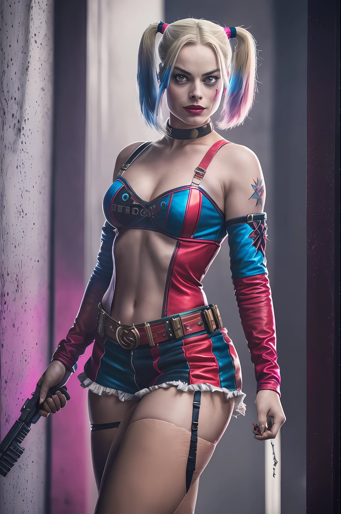 margot Robbie as Harley Quinn in Suicide Squad, full body, soft lighting, dynamic angle, realistic lighting, photo by Robert Adams, (natural skin texture, hyperrealism, soft light, sharp: 1.2), (intricate details: 1.12), hdr masterpiece, best quality, (highly detailed photo: 1.1), 8k, photorealistic, (SFW)