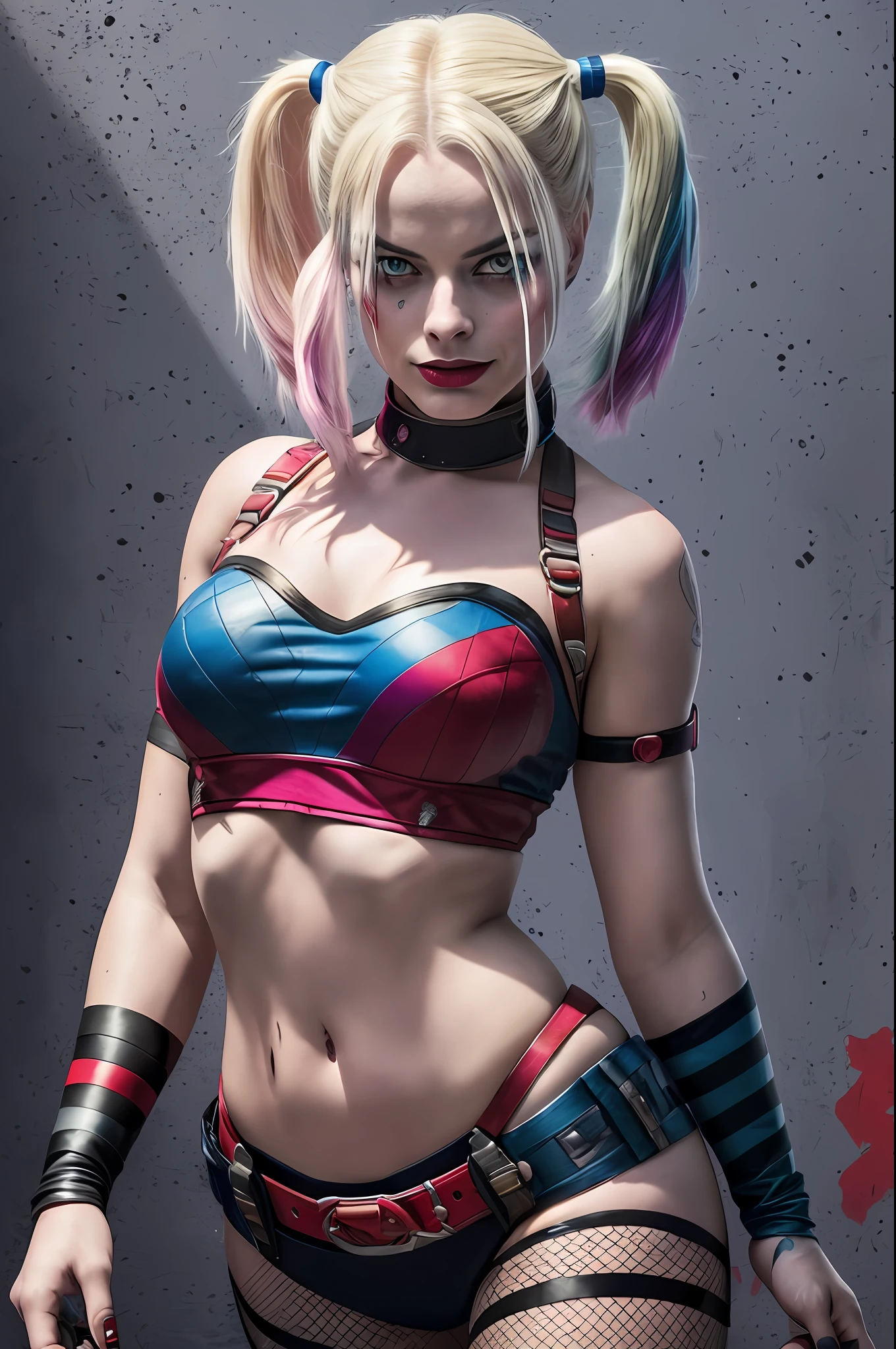 margot Robbie as Harley Quinn in Suicide Squad, full body, soft lighting, dynamic angle, realistic lighting, photo by Robert Adams, (natural skin texture, hyperrealism, soft light, sharp: 1.2), (intricate details: 1.12), hdr masterpiece, best quality, (highly detailed photo: 1.1), 8k, photorealistic, (SFW)