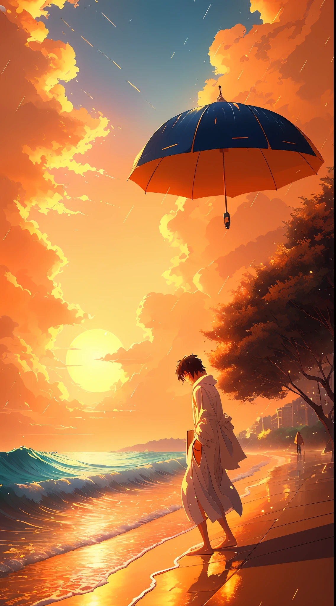 Painting a man in a white robe walking in the rain, Makoto Shinkai Cyril Rolando, Makoto Shinkai. Digital rendering, masterpiece, best quality, (8k very detailed CG unit wallpaper) (best quality), (best illustration), (best shadow) golden waves, bright orange AOL sunset through the waves, golden drops flying, erotic sexy girls