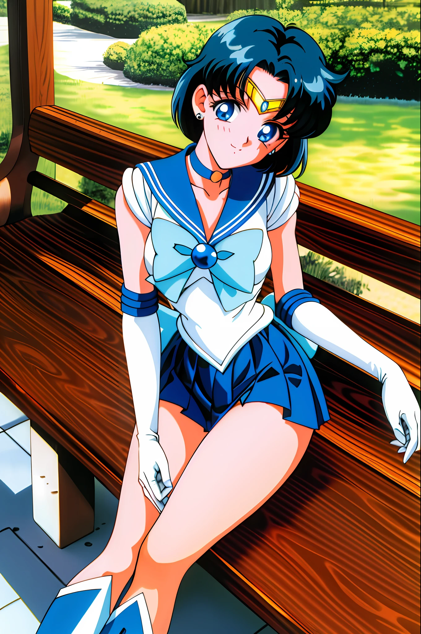 masterpiece, best quality, highres, mer1, tiara, sailor senshi uniform, blue sailor collar, bow, knee boots, choker, white gloves, blue choker, elbow gloves, jewelry, earrings, blue skirt, cowboy shot, 1990s \(style\), sitting, bench