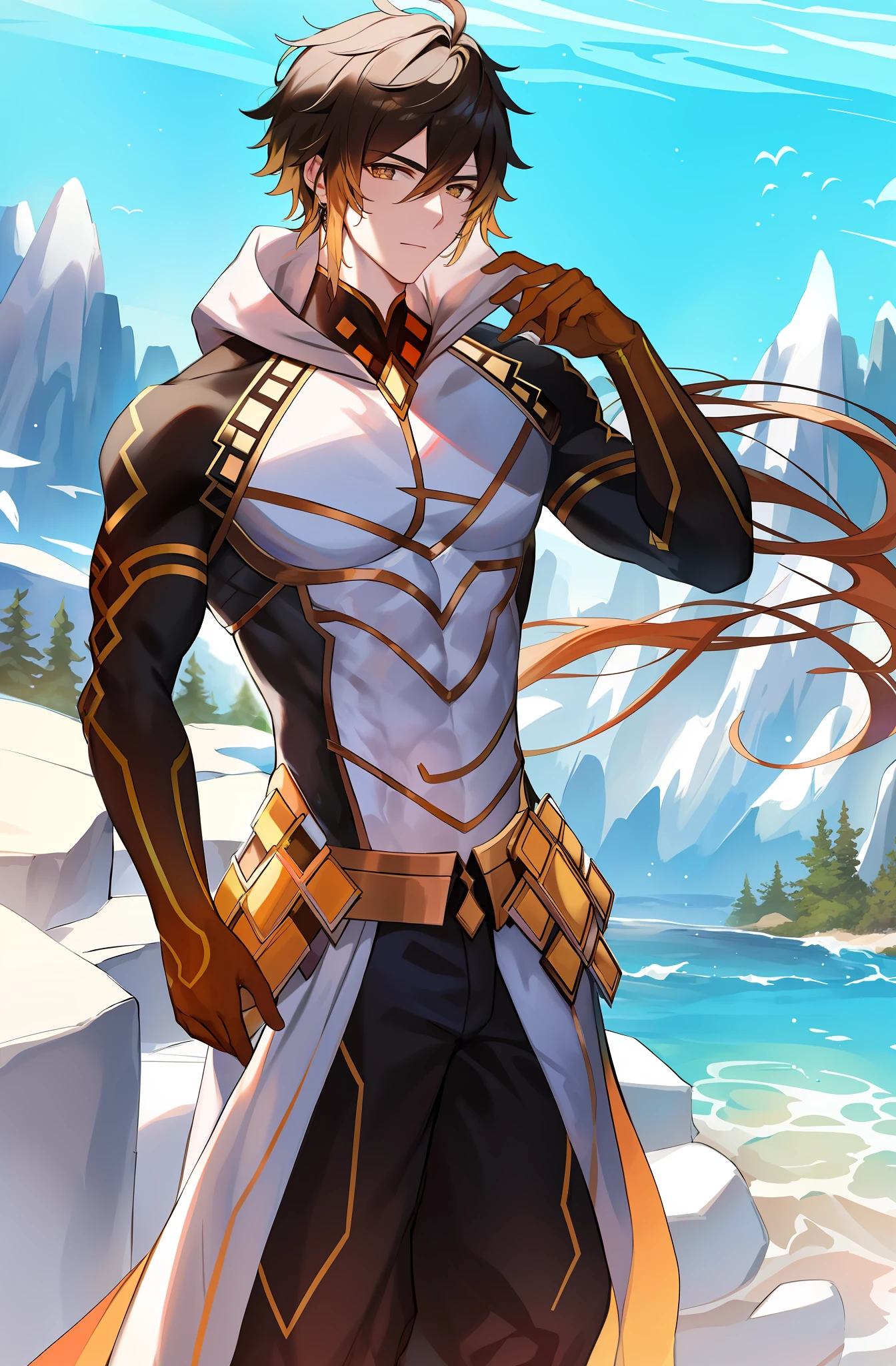 masterpiece, best quality, morax, 1boy,  male focus, hood, muscles, rock, mountain background