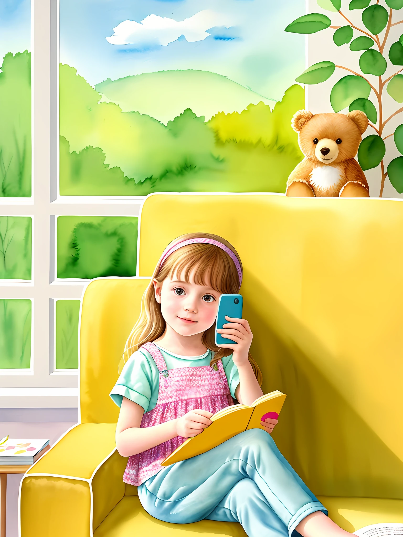 Prompt: An incredibly delicate  girl holding her little book of children's stories, accompanied by her adorable bear-coated cell phone, enjoying an adorable read on the yellow couch and interior decoration with natural foliage, a little blurry. The illustration is in high definition in 4k resolution, with highly detailed facial features and watercolor-style visuals.