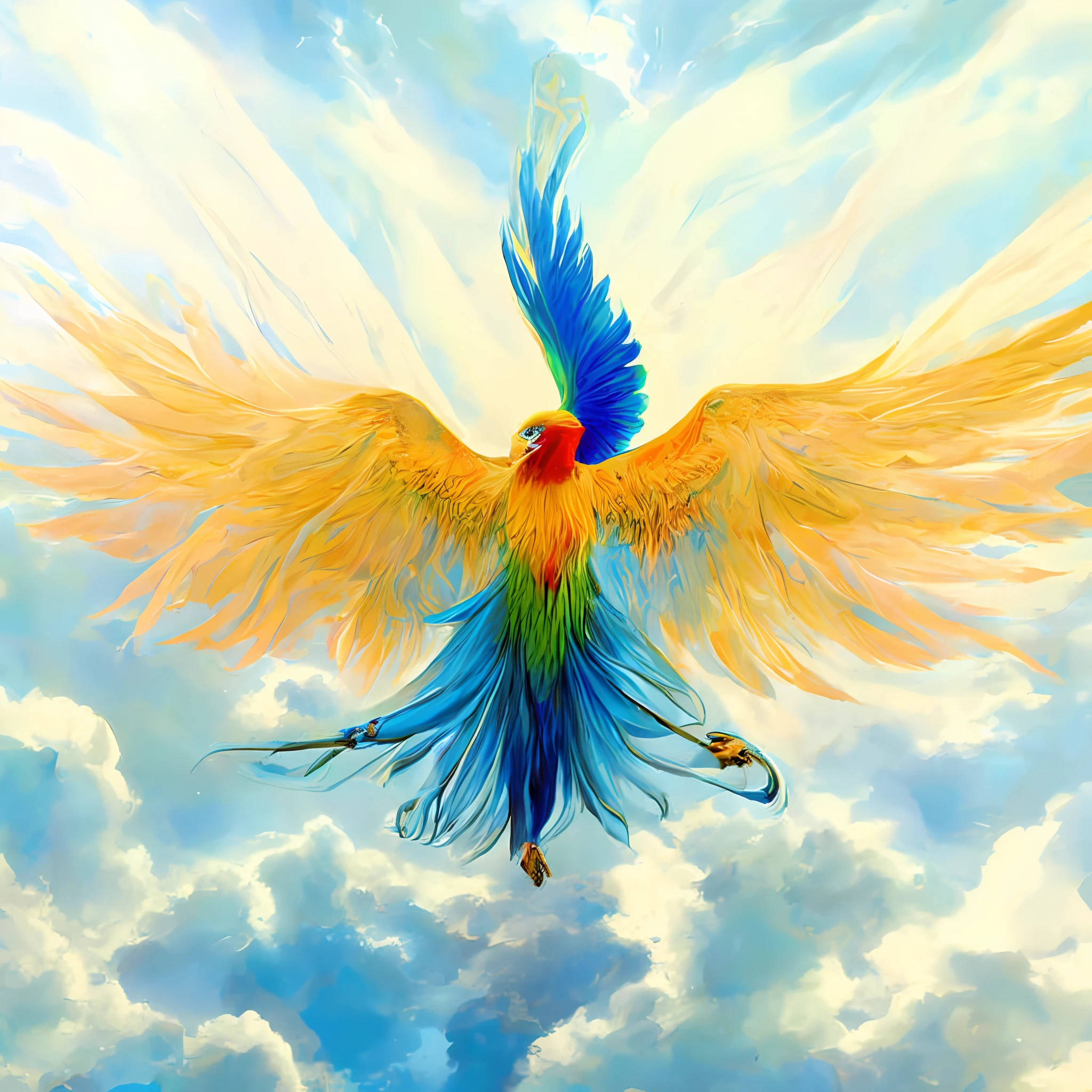 (Sky blue sky, colorful bird blue phoenix bird) main close-up, quetzal, ofaneum, wing suit, chronicle of the blade of the other, colorful feathers, (cool and graceful) macaw, flowing blue feathers, mysterious mark, (wavy) peacock mage themed clothes, inspired by the yellow god, young and beautiful soul. The (artistic) concept of spiritual fantasy (which can contain) Ofaneum has bird wings.