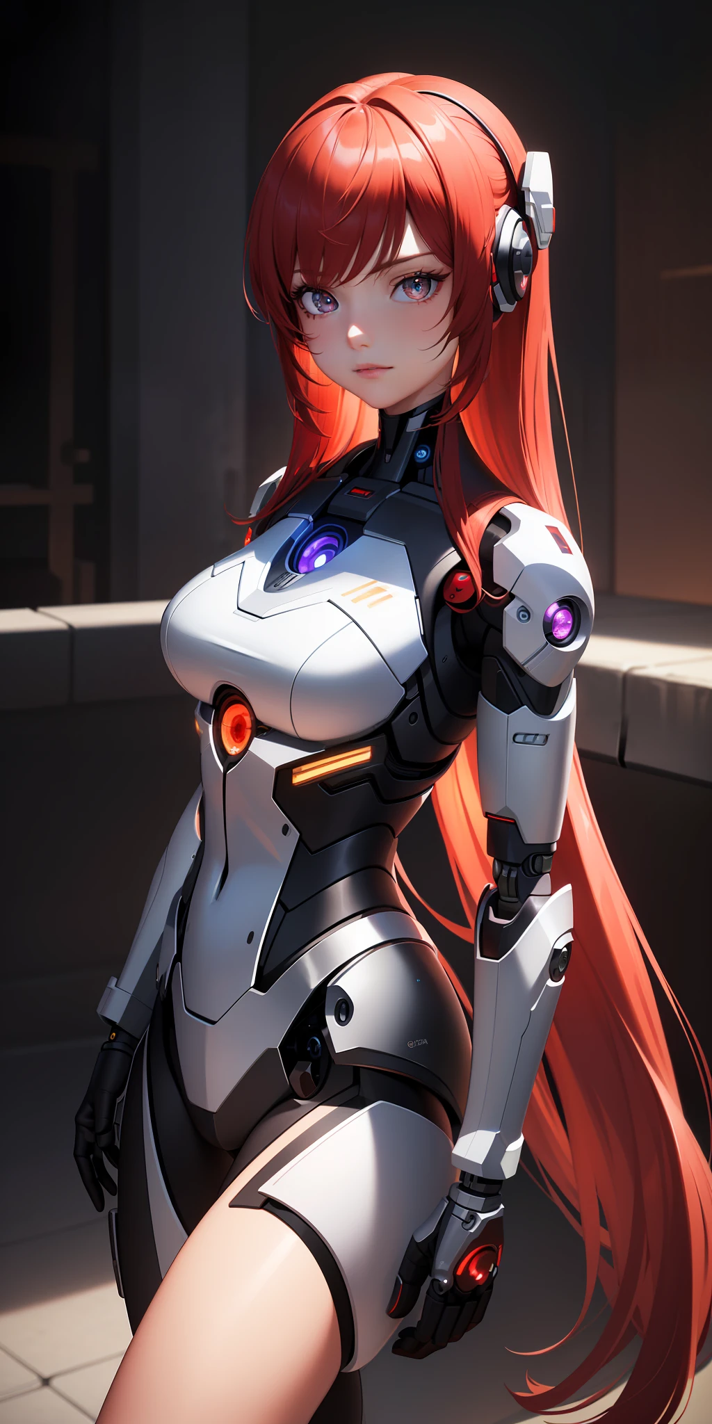 (masterpiece:1.2, best quality), (extremely detailed CG unity 8k wallpaper, masterpiece, best quality, ultra-detailed, best shadow), (finely detailed beautiful eyes: 1.2), (1 girl), ((cyborg, high-tech)), (long crimson hair:1.2)
