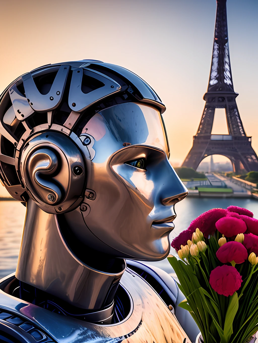 An insanely detailed photorealistic digital art piece portrait of a retro robot holding a bouquet of flowers in front of the Eiffel Tower, photography, realistic, cinematic lighting, sunset, romantic, melancholy, looking at the camera, ultrarealistic.