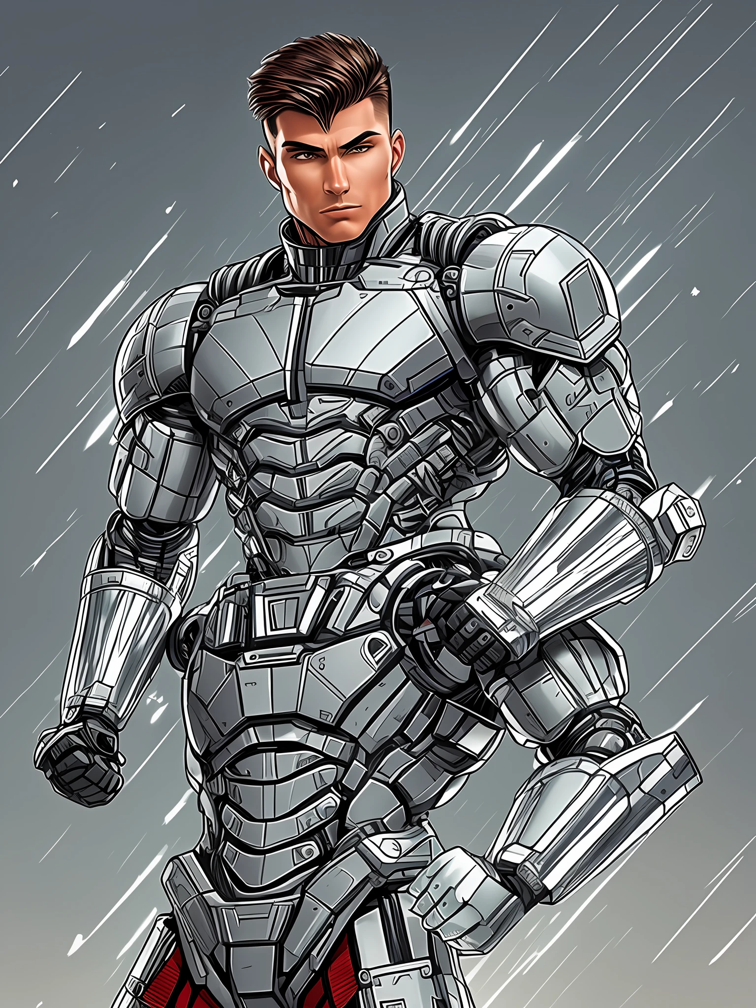 Draw a fully bionic man, muscular, strong, with modern Machin gun, a war Hero