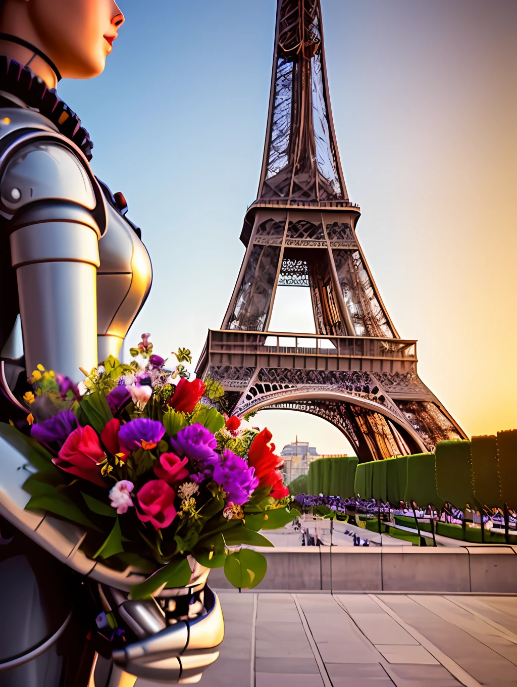 An insanely detailed photorealistic digital art piece portrait of a retro robot holding a bouquet of flowers in front of the Eiffel Tower, photography, realistic, cinematic lighting, sunset, romantic, melancholy, looking at the camera, ultrarealistic.