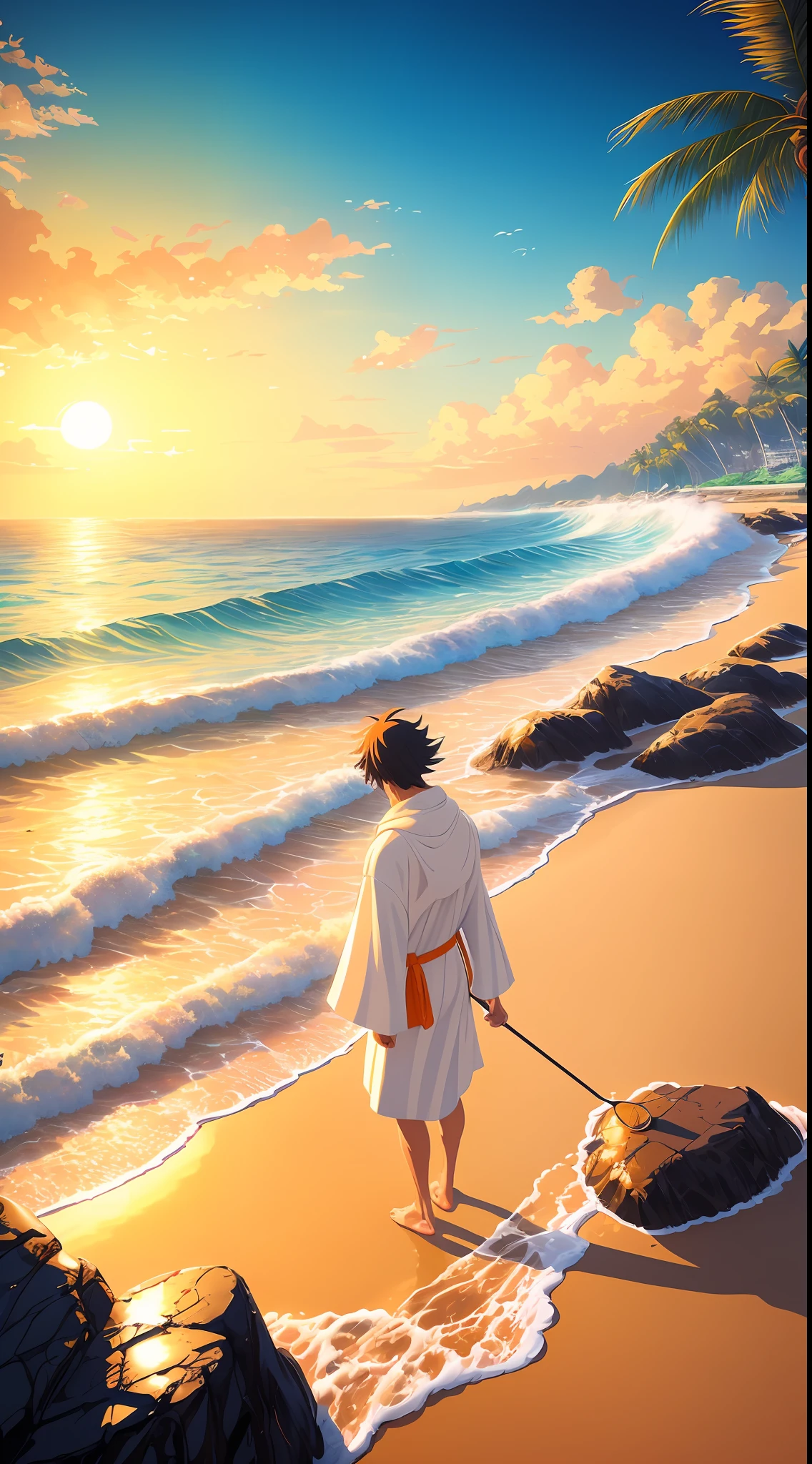 Painting a man in a white robe walking in the rain, Makoto Shinkai Cyril Rolando, Makoto Shinkai. Digital rendering, masterpiece, best quality, (8k very detailed CG unit wallpaper) (best quality), (best illustration), (best shadow) golden waves, bright orange AOL sunset through the waves, golden drops flying, a man in a swimsuit standing in the water, on the beach, on the beach, in the sea, vacation photos, ocean in the background, in the sea, with leather bathroom suite, standing near the beach,