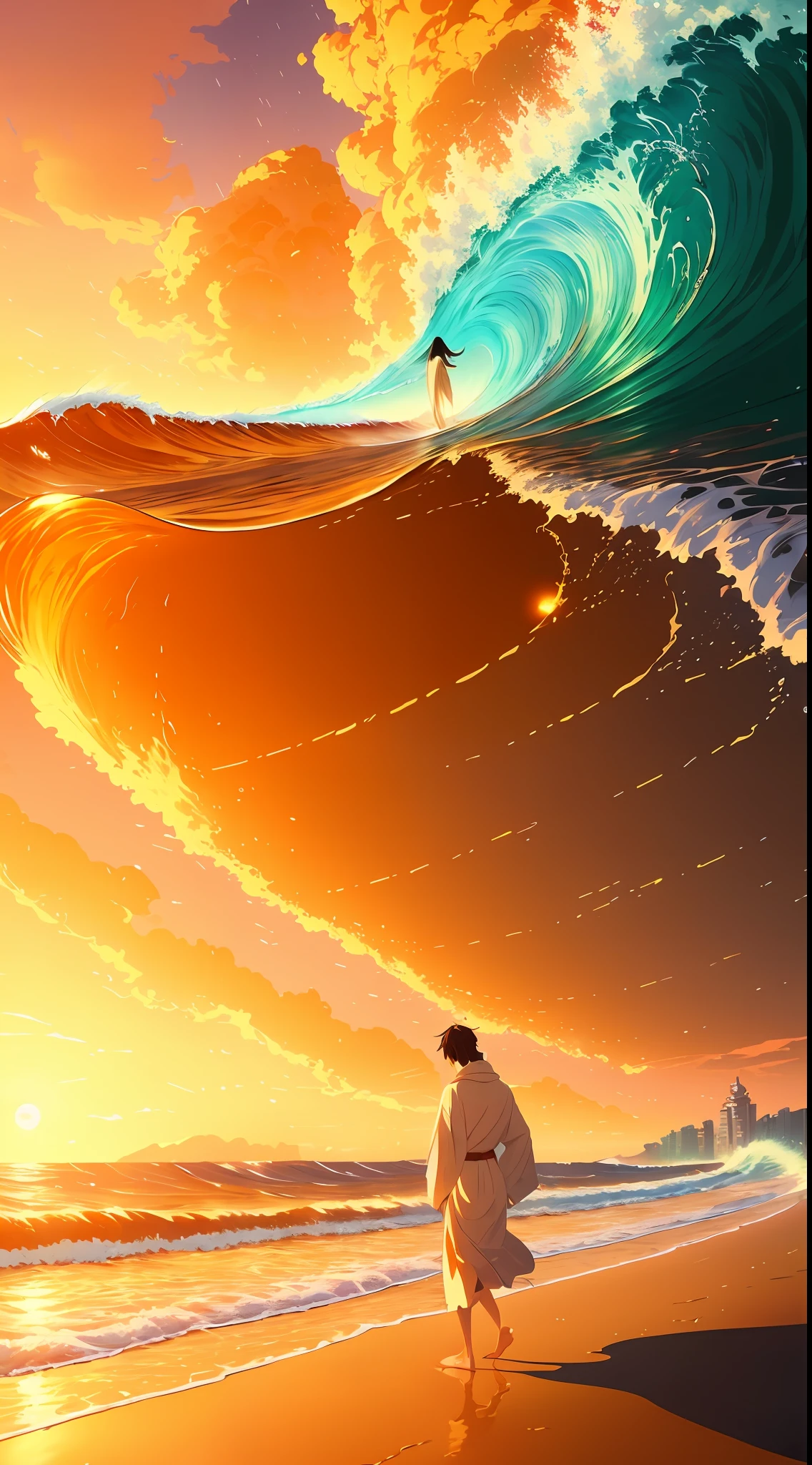 Painting a man in a white robe walking in the rain, Makoto Shinkai Cyril Rolando, Makoto Shinkai. Digital rendering, masterpiece, best quality, (8k very detailed CG unit wallpaper) (best quality), (best illustration), (best shadow) golden waves, bright orange AOL sunset through the waves, golden drops flying, erotic sexy girls