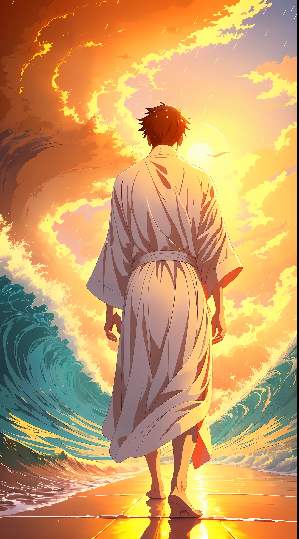 Painting a man in a white robe walking in the rain, Makoto Shinkai Cyril Rolando, Makoto Shinkai. Digital rendering, masterpiece, best quality, (8k very detailed CG unit wallpaper) (best quality), (best illustration), (best shadow) golden waves, bright orange AOL sunset through the waves, golden drops flying, erotic sexy girls