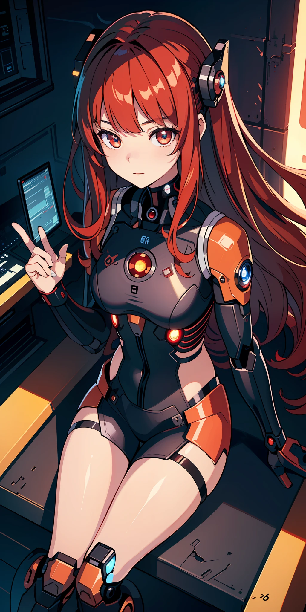 (masterpiece:1.2, best quality), (extremely detailed CG unity 8k wallpaper, masterpiece, best quality, ultra-detailed, best shadow), (finely detailed beautiful eyes: 1.2), (1 girl), ((cyborg, high-tech)), (long crimson hair:1.2)