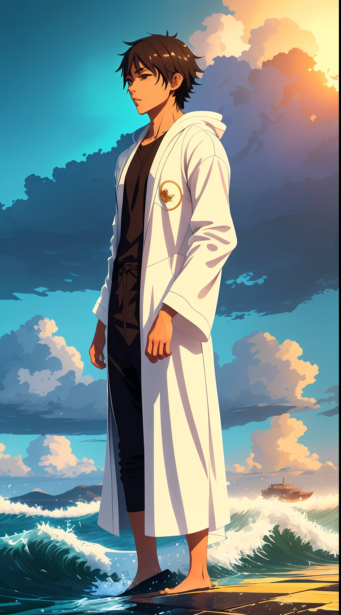 Painting a man in a white robe walking in the rain, Makoto Shinkai Cyril Rolando, Makoto Shinkai. digital rendering, masterpiece, best quality, (8k very detailed CG unit wallpaper) (best quality), (best illustration), (best shadow) golden ocean waves, bright orange AOL sunset through the waves, golden water drops flying, masterpiece, best quality, morax, 1boy, male focus, hood, muscle, rocks, mountain background