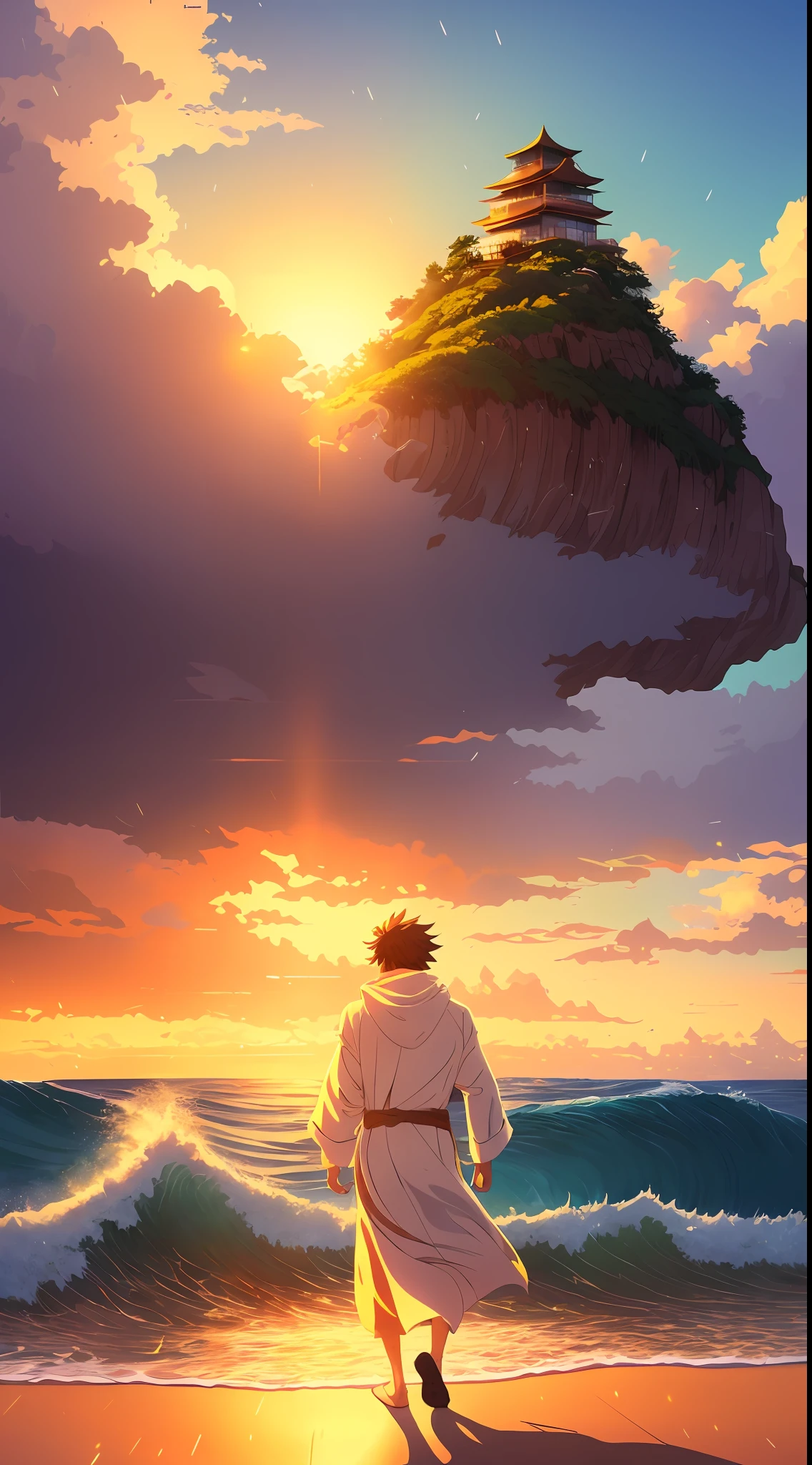 Painting a man in a white robe walking in the rain, Makoto Shinkai Cyril Rolando, Makoto Shinkai. digital rendering, masterpiece, best quality, (8k very detailed CG unit wallpaper) (best quality), (best illustration), (best shadow) golden ocean waves, bright orange AOL sunset through the waves, golden water drops flying, masterpiece, best quality, morax, 1boy, male focus, hood, muscle, rocks, mountain background