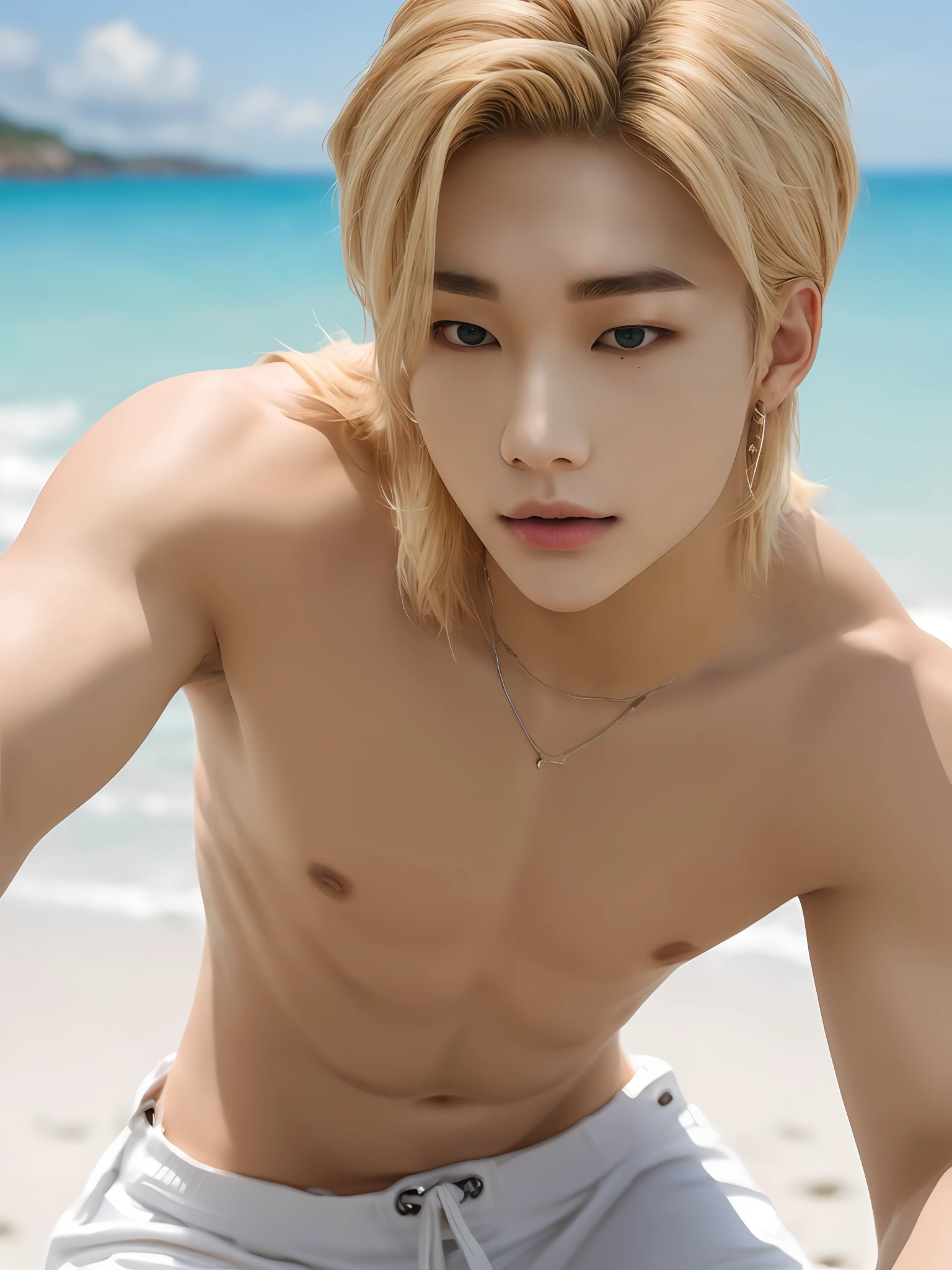 Hyunstayv2, frontal, shimmering, split lips, (blonde hair:1.2), (perfect abdomen:1.2), (ultra realistic:1.2), (beach background:1.2), (intricate:1.2), (looking at the viewer:1.2),