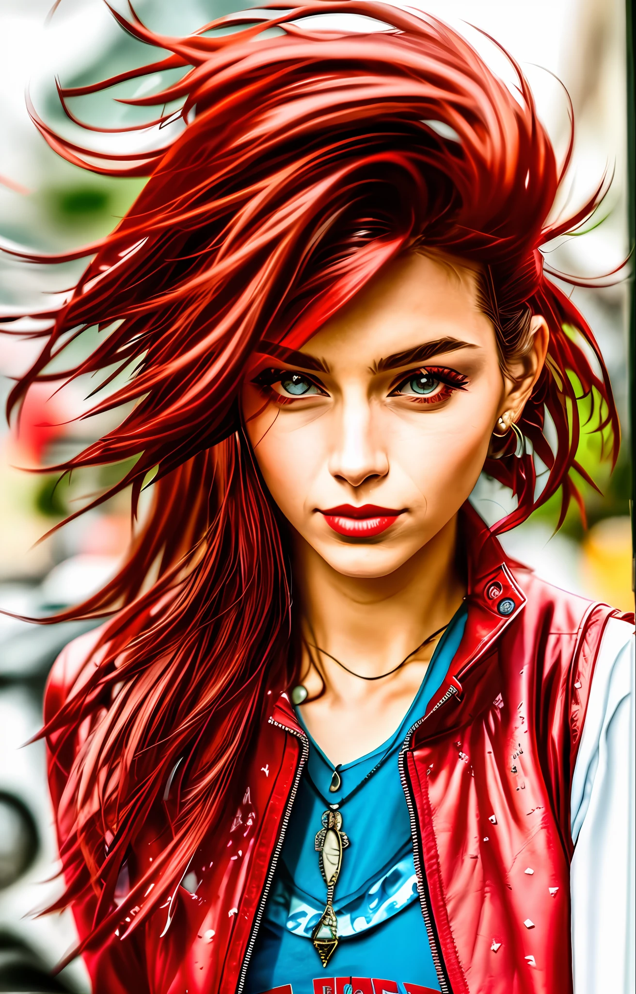 Woman wearing a red leather jacket
