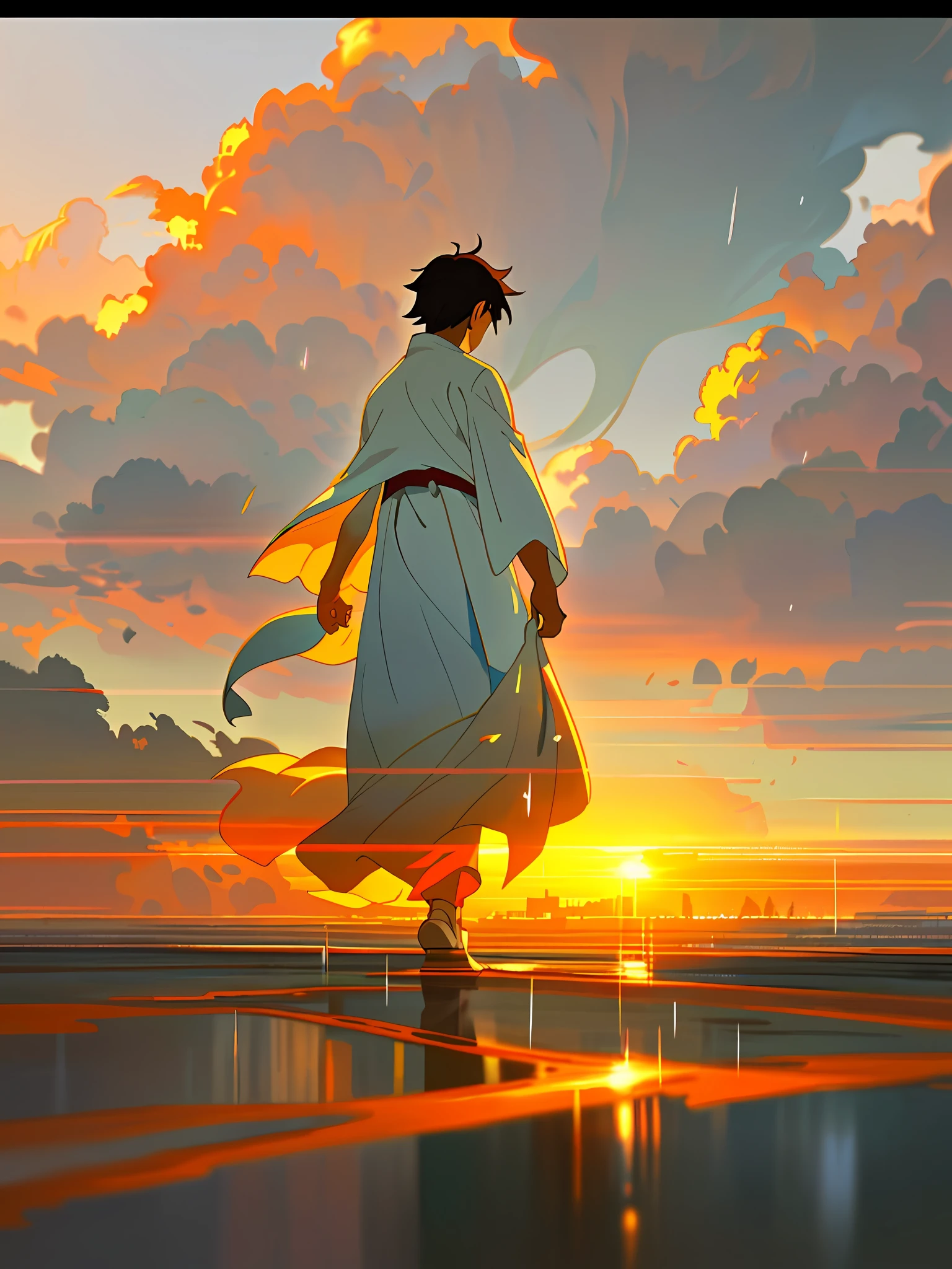 Painting a man in a white robe walking in the rain, sunset, flowing white robe, Makoto Shinkai Cyril Rolando, Makoto Shinkai. Digital rendering, Rob Rey and Kennaro Miura style, Sun-Hyuk Kim, inspired by RHADS, concept art | rad, long white cloak, Guvez style artwork