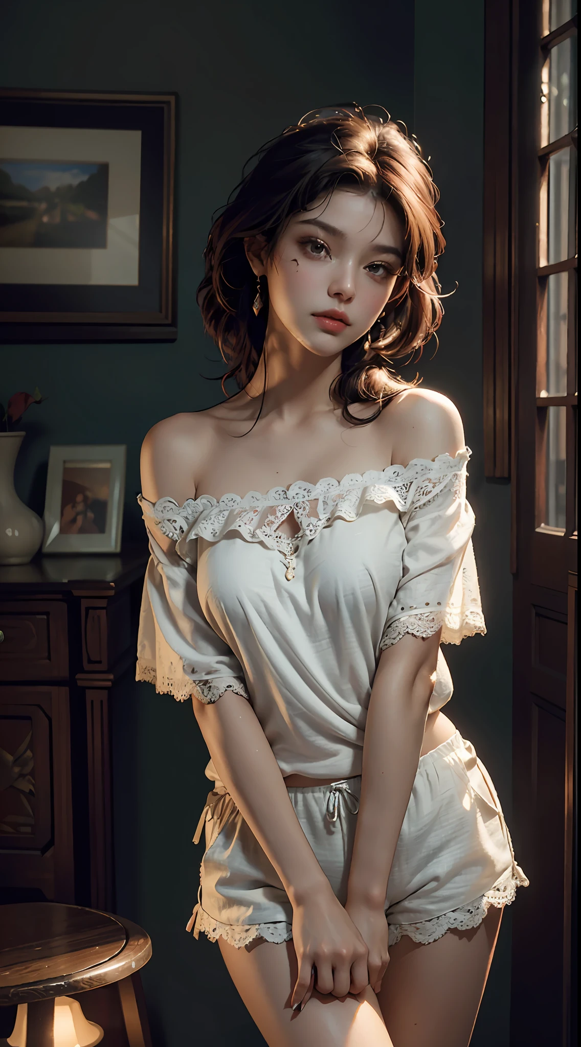 Best quality, masterpiece, ultra high res, (photorealistic:1.4), raw photo, 1woman hottie of 32 years old, goddess, off shoulder, pijama lace short pants, cinematic lighting