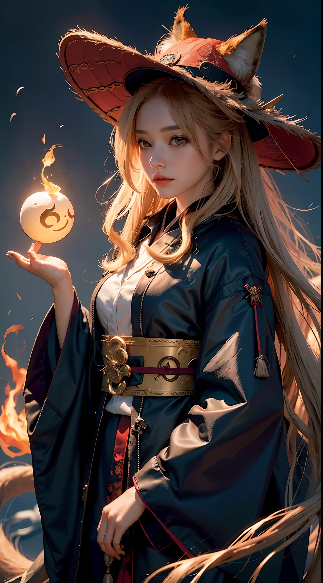 1girl,solo,
official art, unity 8k wallpaper, ultra detailed, beautiful and aesthetic, beautiful, masterpiece, best quality,
Kitsune witch, fox mask, haori jacket, foxfire spell, fox familiar, transformation,depth of field,