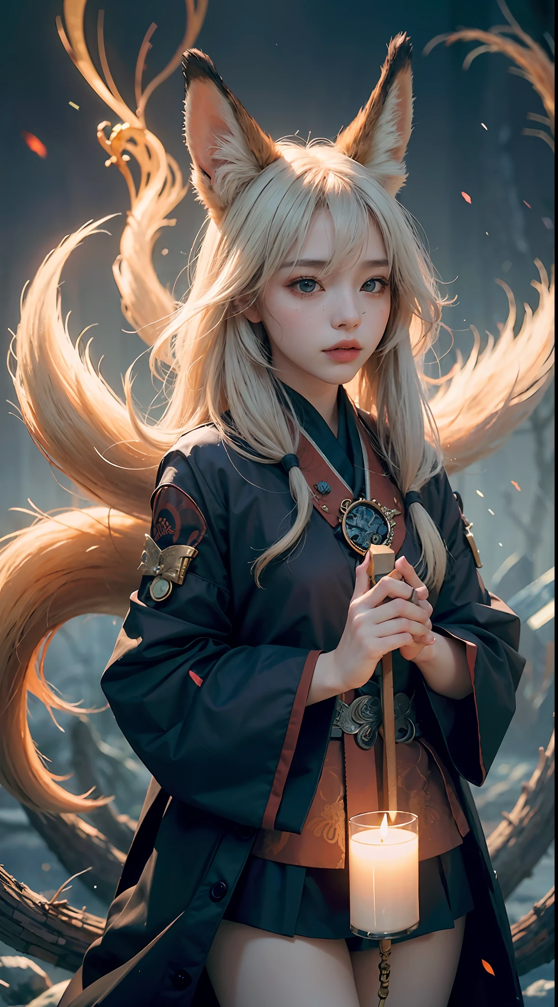 1girl,solo,
official art, unity 8k wallpaper, ultra detailed, beautiful and aesthetic, beautiful, masterpiece, best quality,
Kitsune witch, fox mask, haori jacket, foxfire spell, fox familiar, transformation,depth of field,