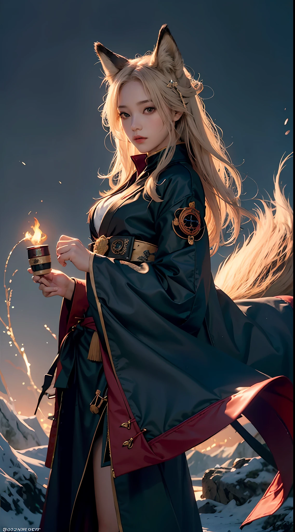 1girl,solo,
official art, unity 8k wallpaper, ultra detailed, beautiful and aesthetic, beautiful, masterpiece, best quality,
Kitsune witch, fox mask, haori jacket, foxfire spell, fox familiar, transformation,