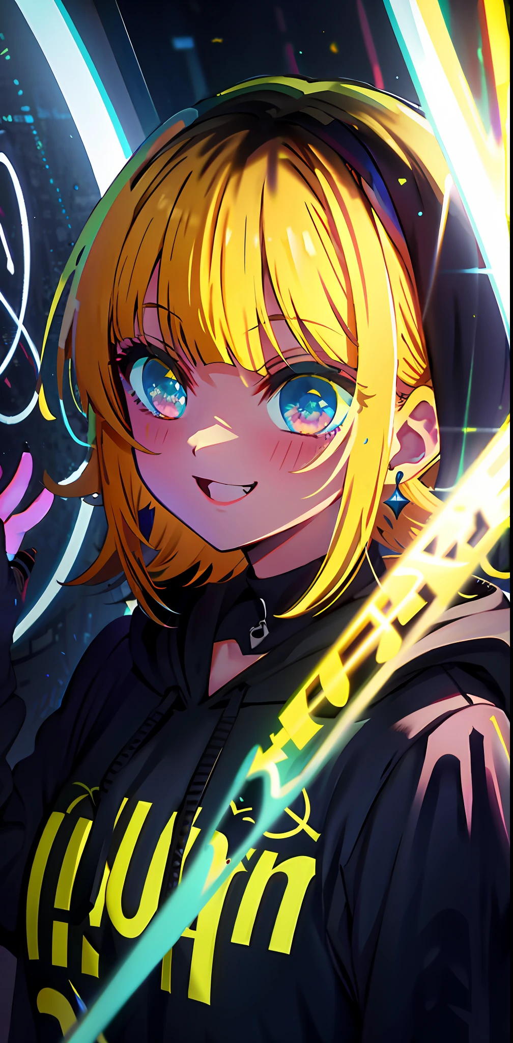 detailed background, masterpiece, best quality, smile, ornament, hoodie, portrait, yellow neon, graffiti, dark, night, glowing eyes, blacklight