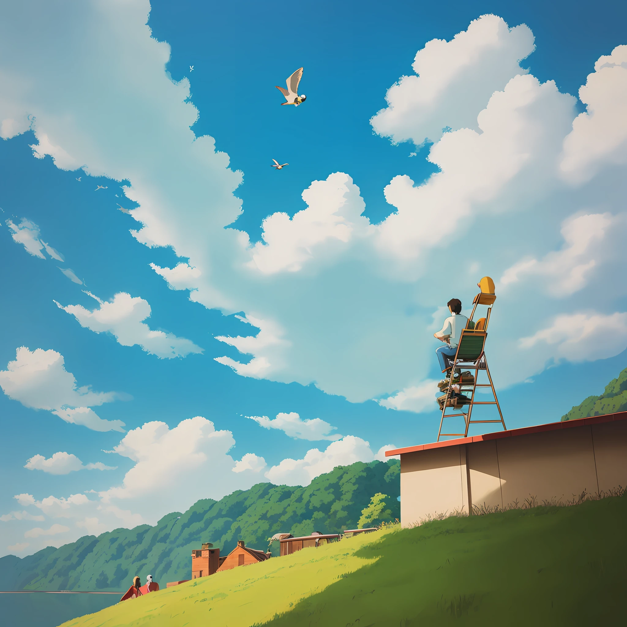 there is a man sitting on a chair looking at a bird flying in the sky, studio ghibli sky, ( ( makoto shinkai ) ), ghibli art style, makoto shinkai cyril rolando, ghibli artstyle, studio ghibli sunlight, style of makoto shinkai, by Kubisi art, inspired by Atey Ghailan, today's featured anime still
