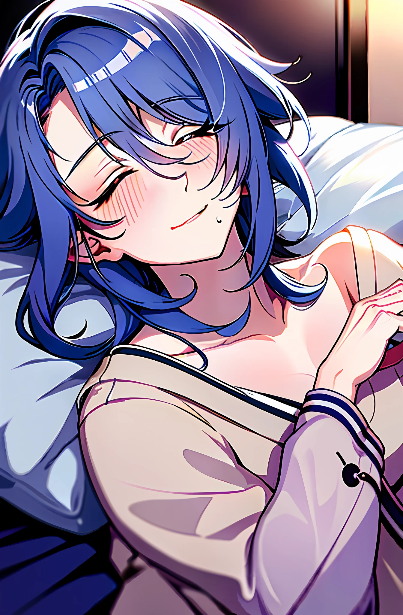 (well detailed background) (best quality), (high quality), (masterpiece), 1girl, solo , ayato \(genshin impact\), blue hair, midium hair, (loose hair on one side over shoulder) , mature, eyes squeezed closed,pained expression, panting, breathing heavily, sweating, flushed, ill,feverish (a sick woman lying on a futon bed laying on pillows fully covered with white sheets and blankets) , sleeping, eyes closed, wearing simple nightwear, nightgown robe, nightwear, long sleeves, loose sleeves, indoor, japanese bedroom, compress,  (compress on her forehead), no armor, no accessories