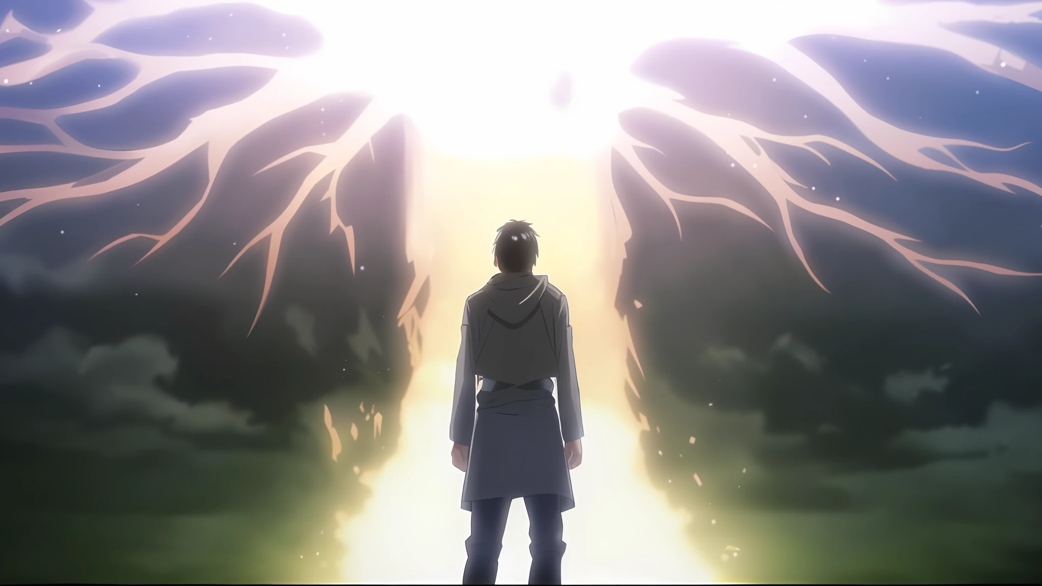best quality, masterpiece, (realistic: 1.2), 1 man, Eren Jaeger, black jeans, black pants, brown hair, attack on Titan, cold background, black jacket, slim body, high definition, high quality, black clothes
