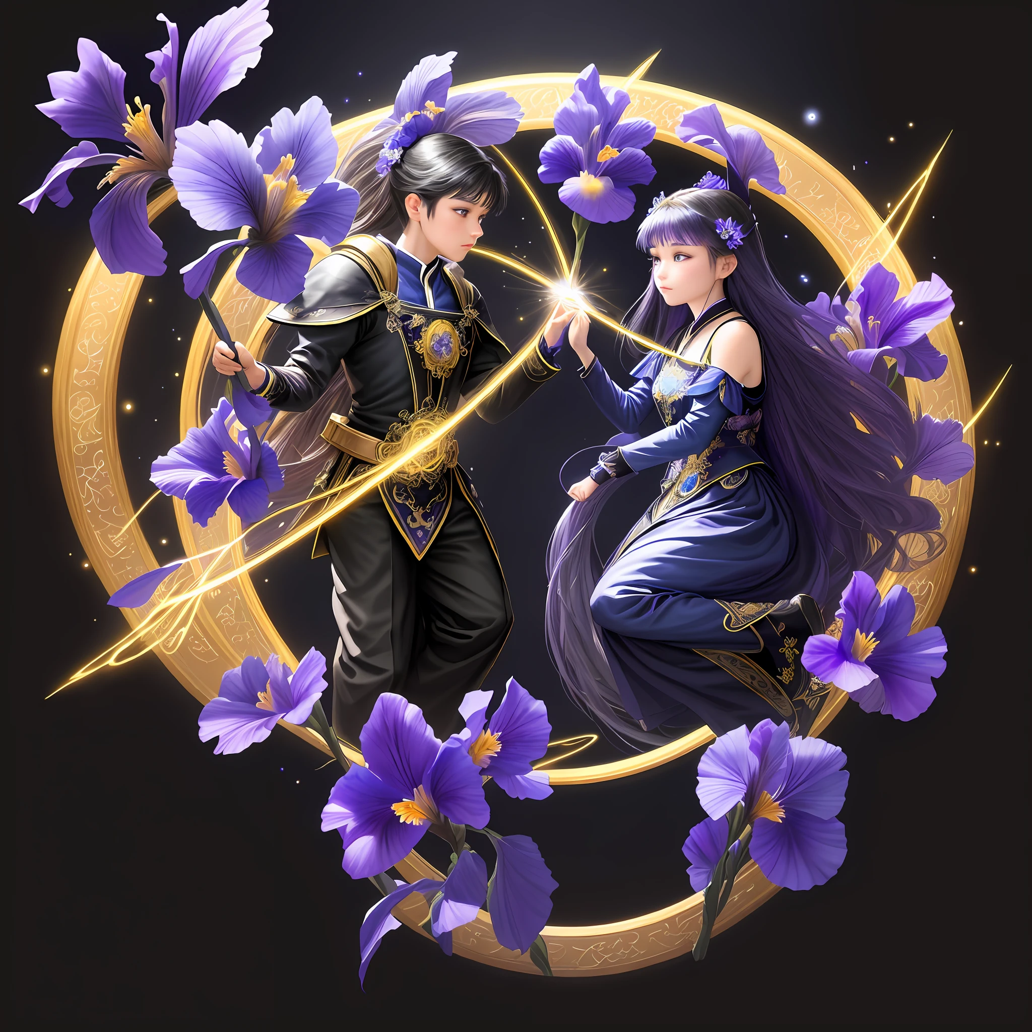 a painting of blue and purple iris flowers with yellow, on a black background,, breathtaking rendering, within a radiant connection, inspired by Kinuko Y. Craft,, magical elements, kitten icon, wow, is beautiful, casting a multi colorful spell, bright flash, flash