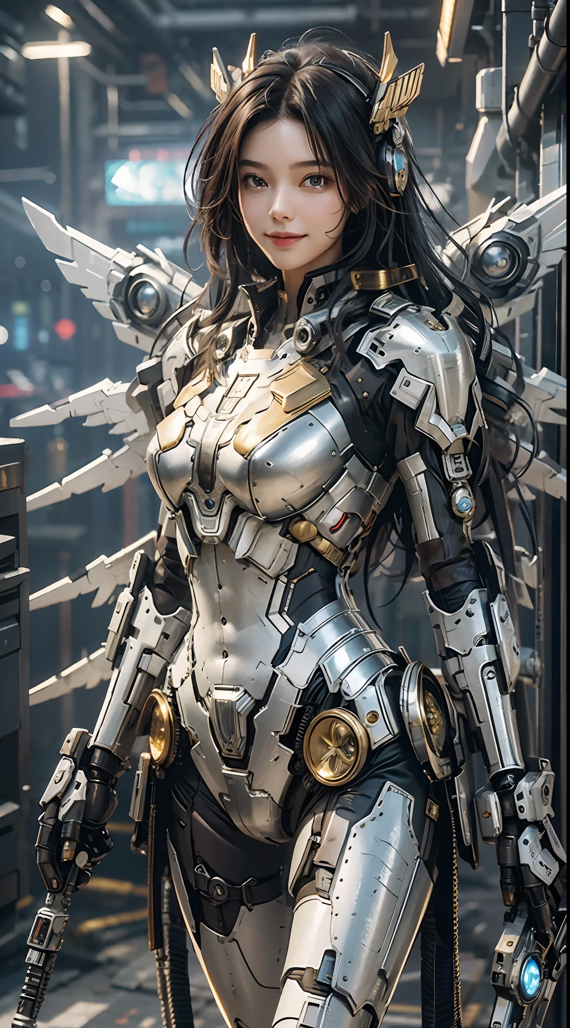 masterpiece,(bestquality),highlydetailed,ultra-detailed,1girl,(mechanicalwings:golden,glowingeyes:blue,goldenrarmor:1.2,elongatedears:0.8),(cyberpunkcity:1.5,weapon:energyblade),(fantasylandscape:1.2,natural lighting:1.5,confidentexpression),(panorama:1.2),mecha, smile,angle,Angels, wings,gold,raw